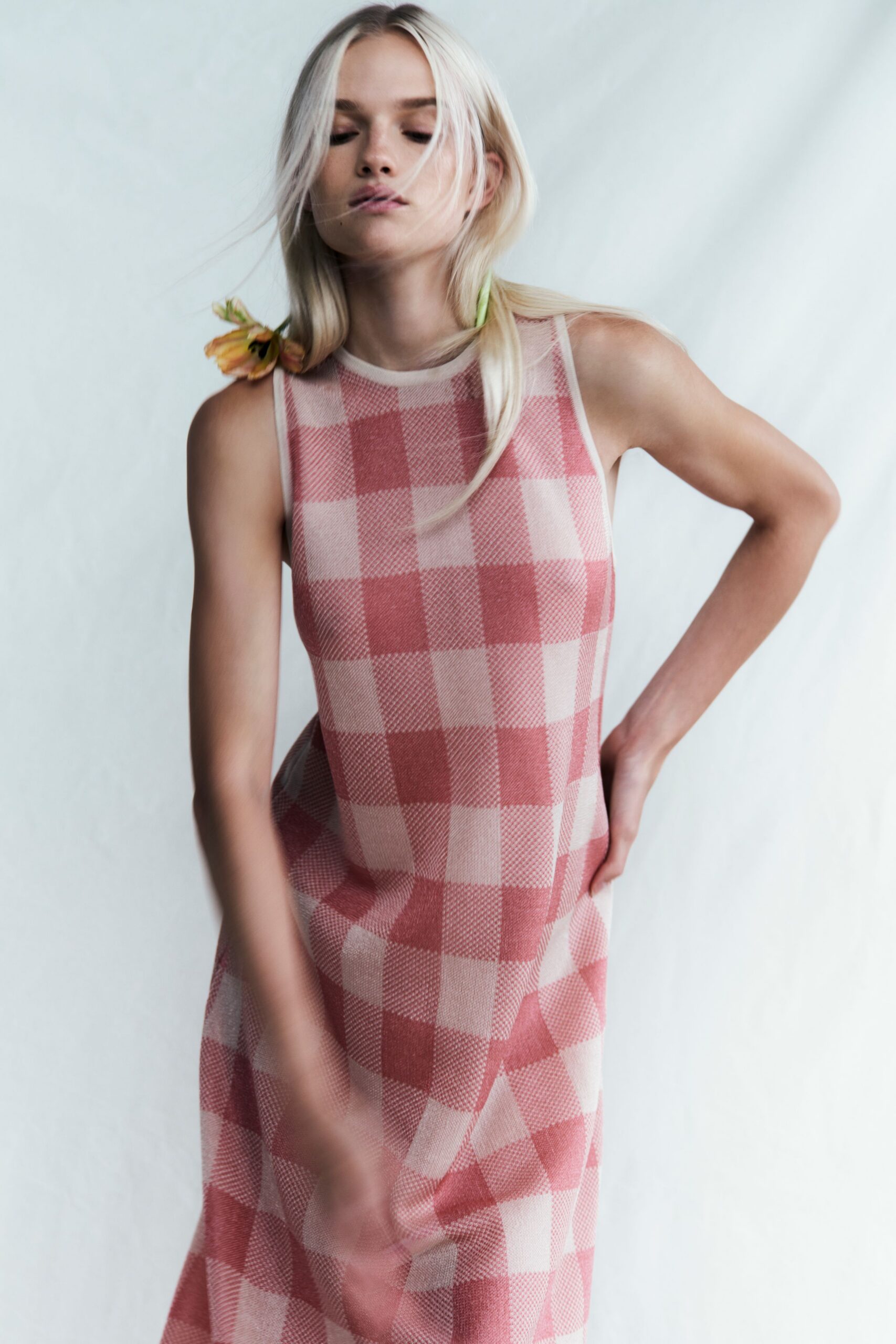 pink beige checked midi dress