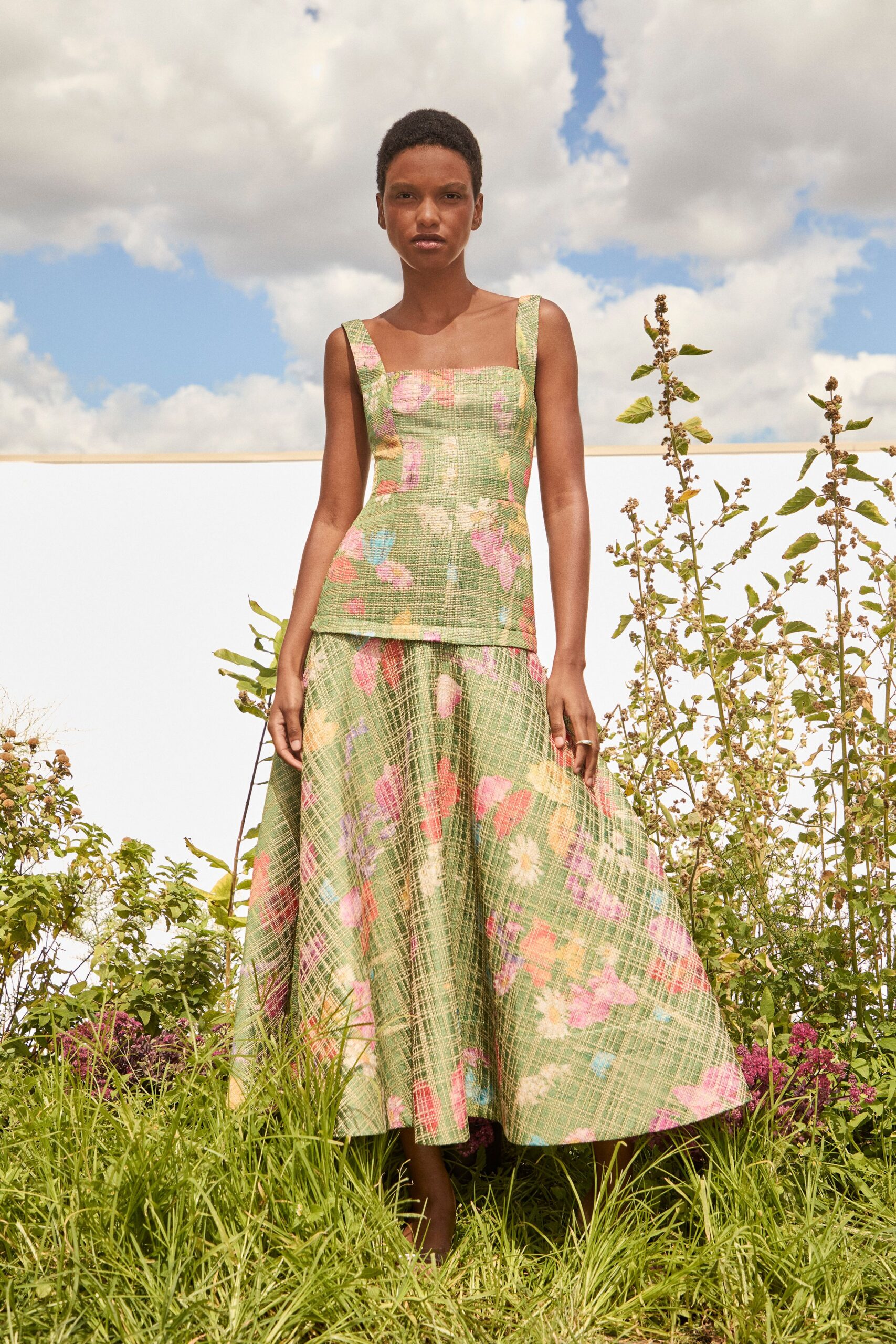 green cotton fitted floral flared maxi skirt
