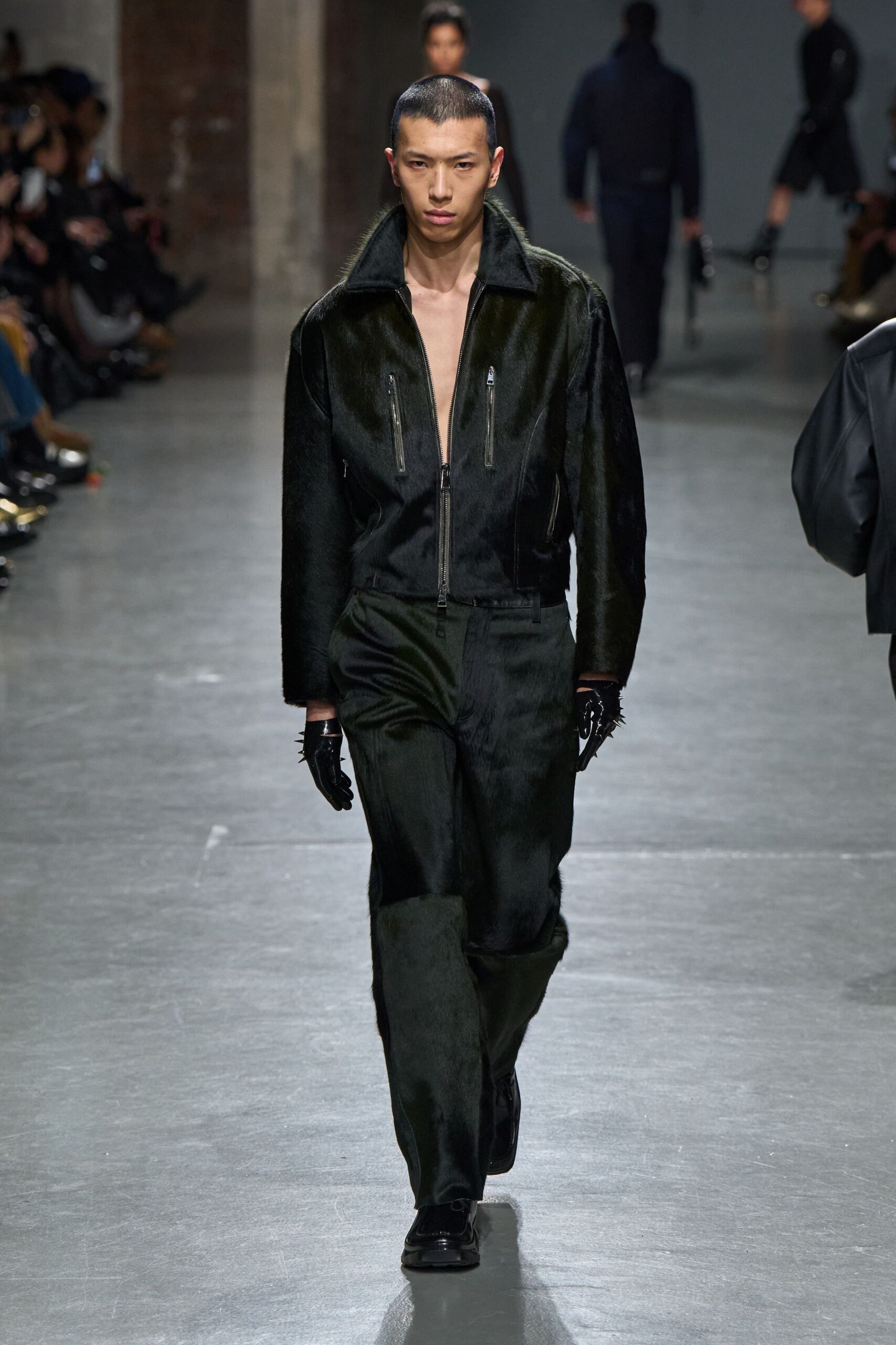 black faux-fur fitted straight-leg pants