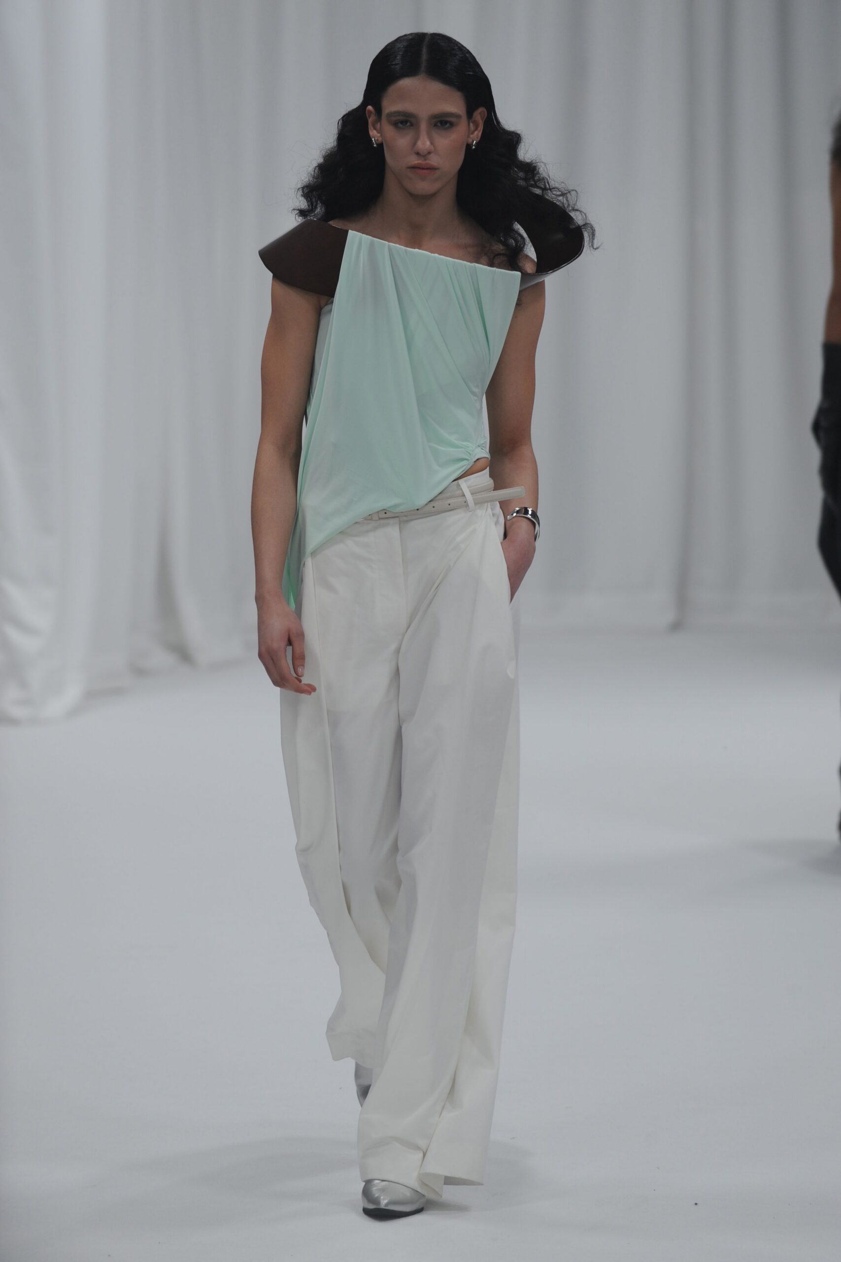 green silk sleeveless off-shoulder fitted draped top