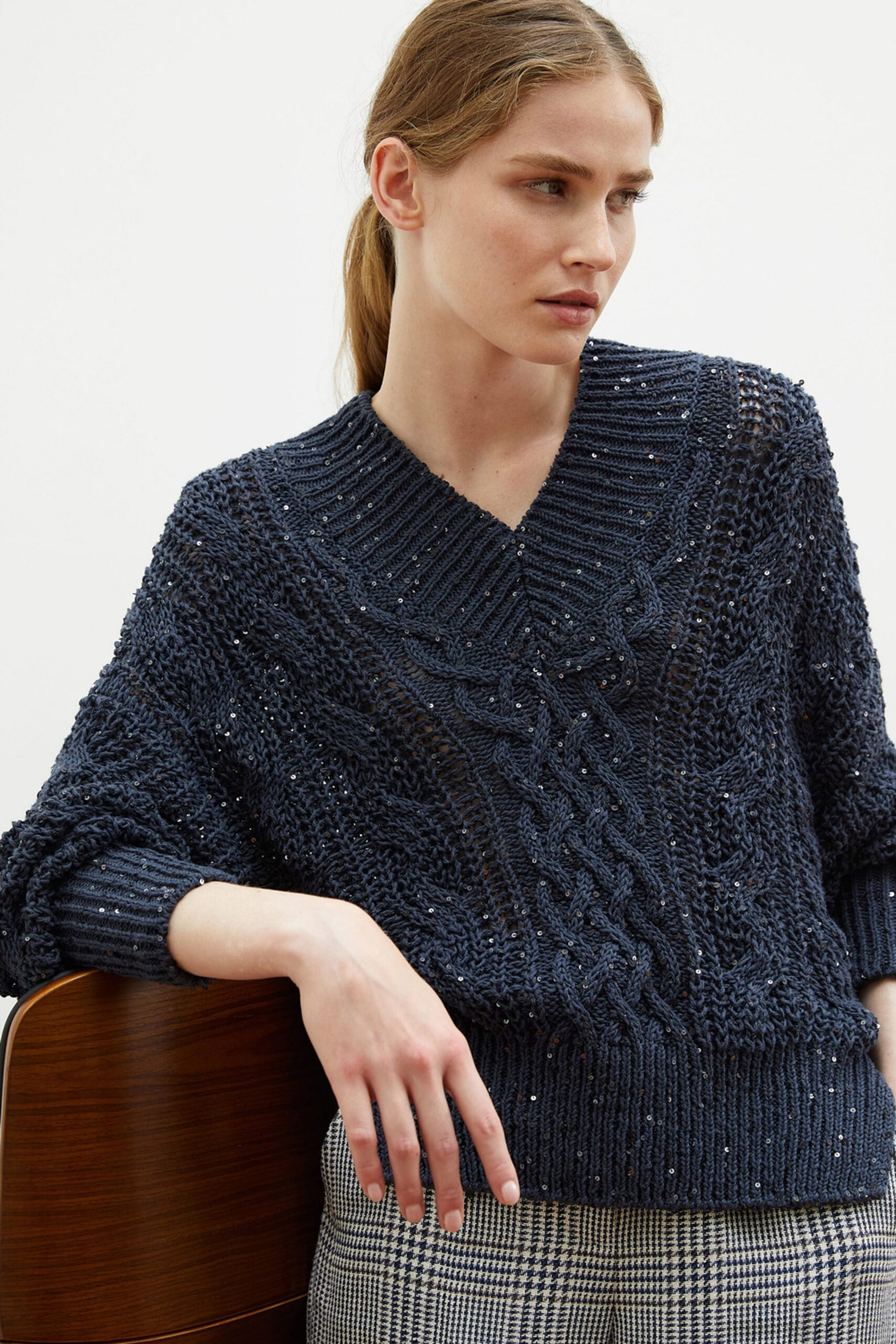 blue cotton long-sleeve v-neck relaxed textured sweater