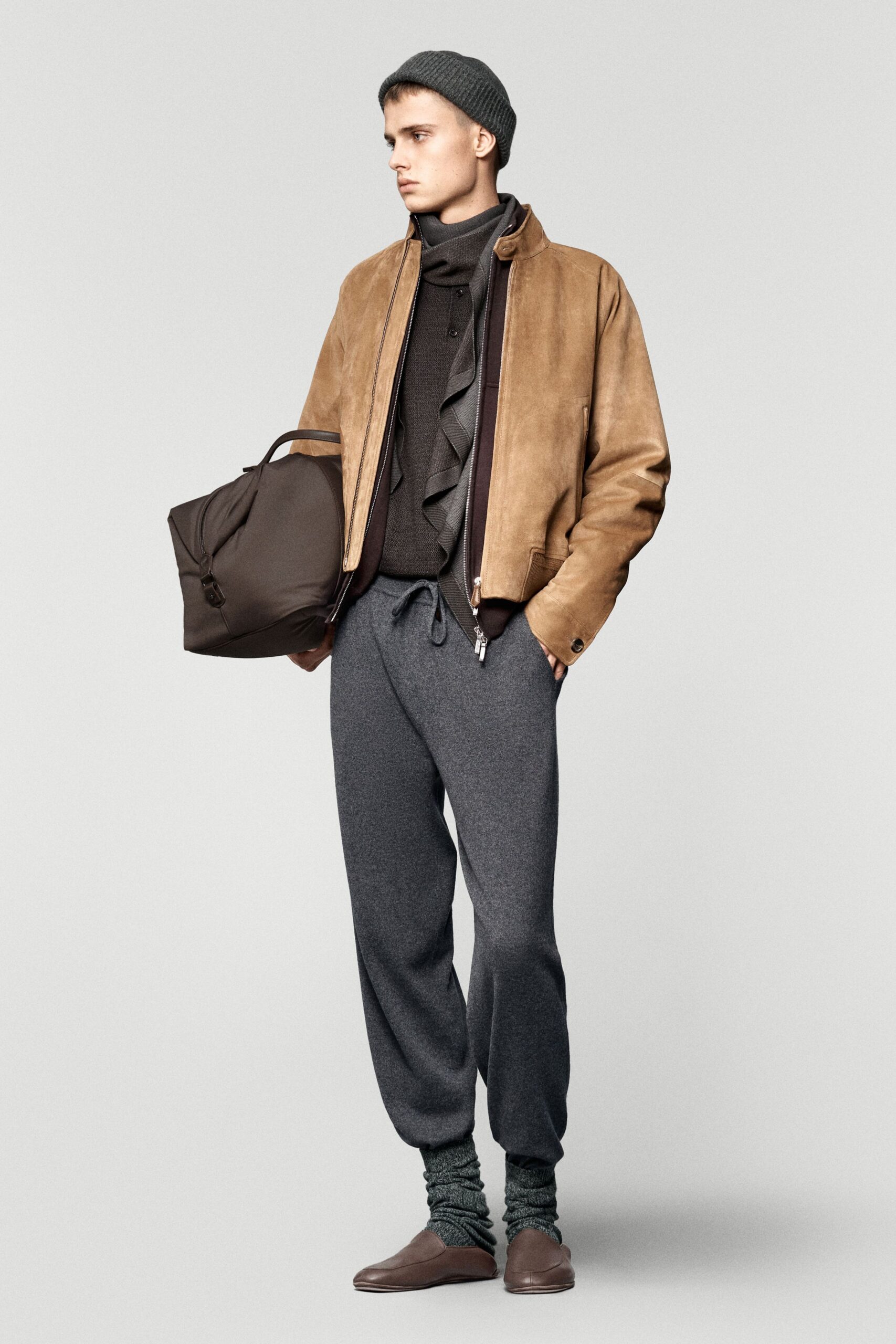 brown suede long-sleeve collared fitted zippered ruffled jacket