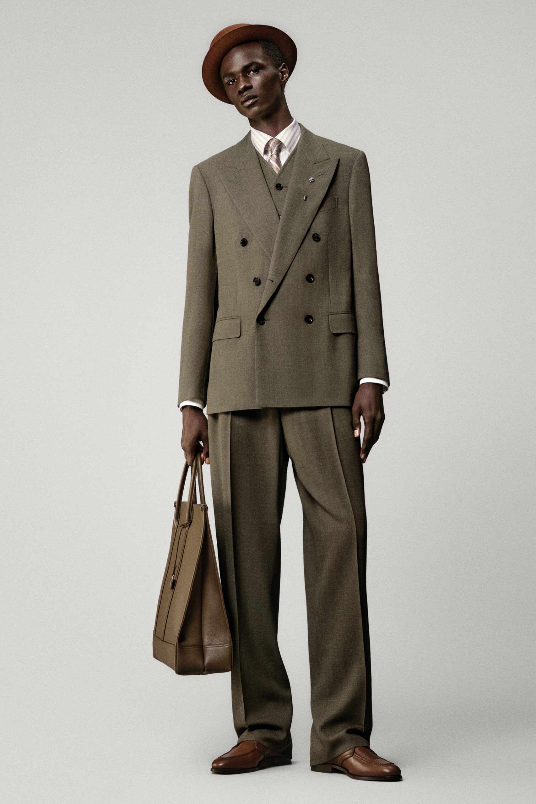 brown wool long-sleeve collared tailored buttoned suit