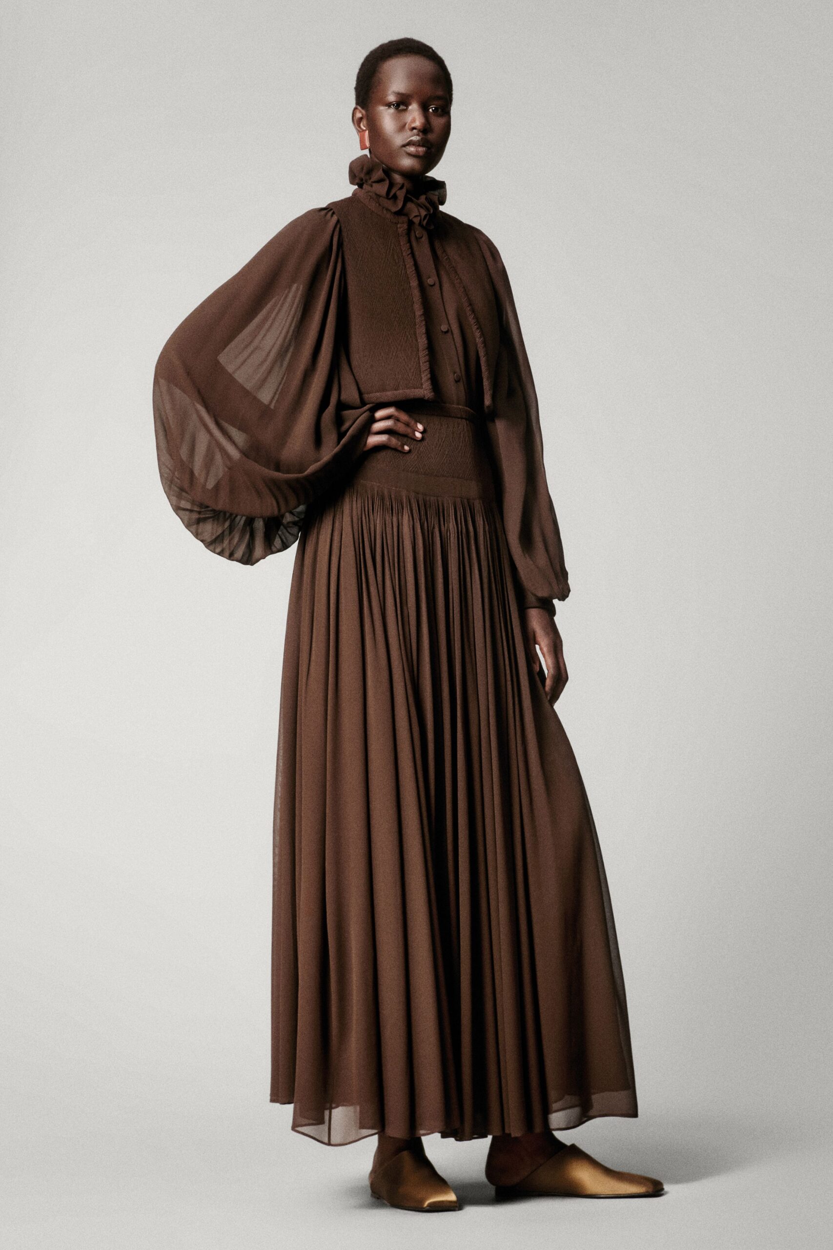brown silk fitted high-waisted pleated tiered flowing skirt