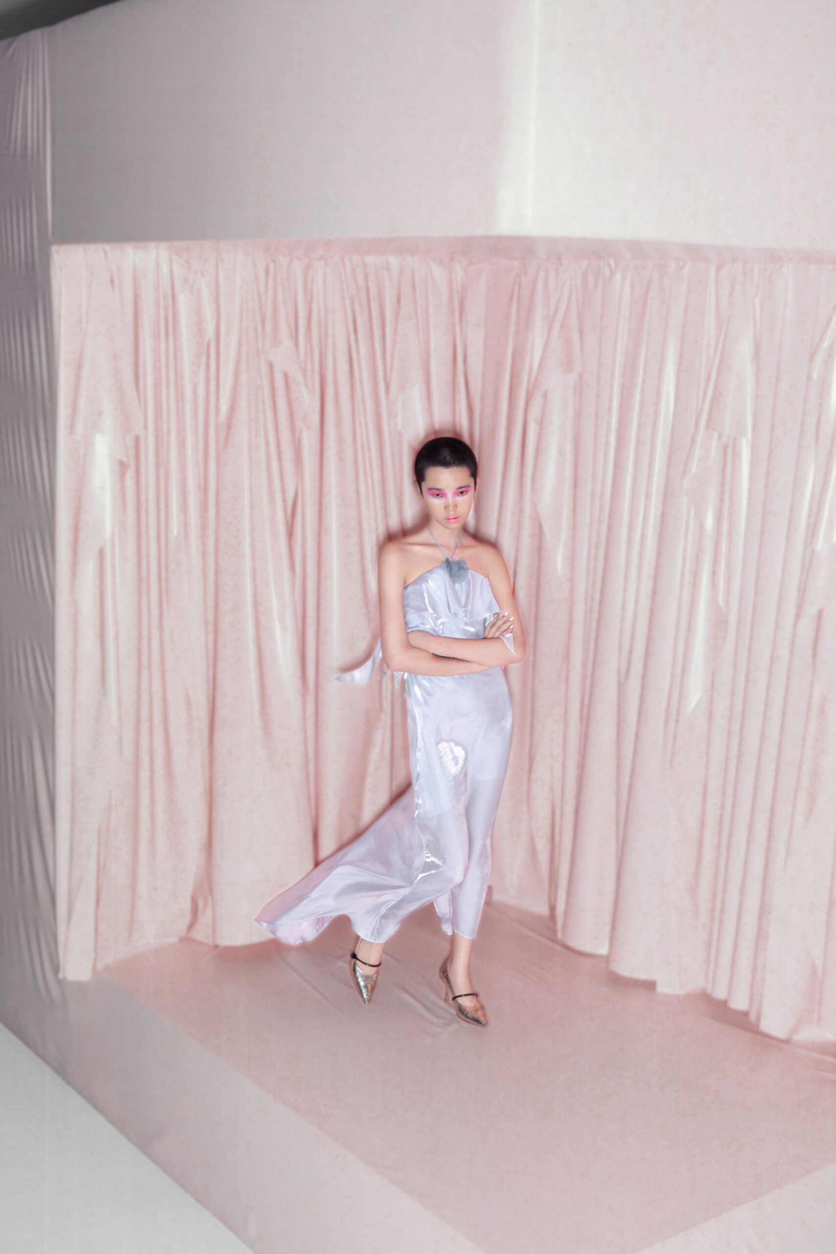 light blue silk halter gown