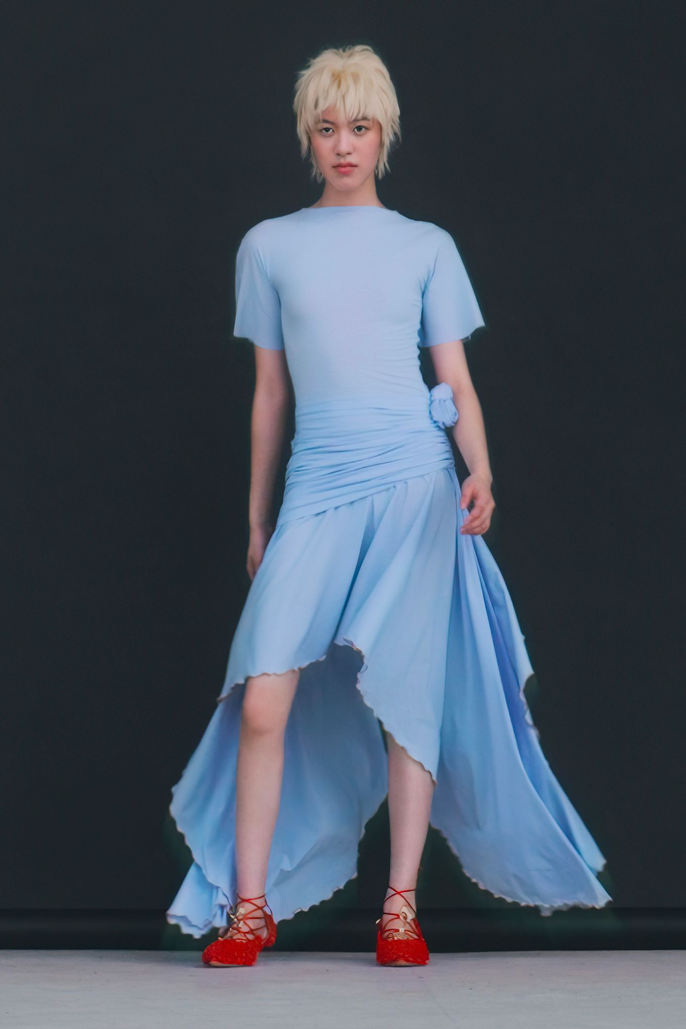 blue silk short-sleeve v-neck fitted draped flowing dress