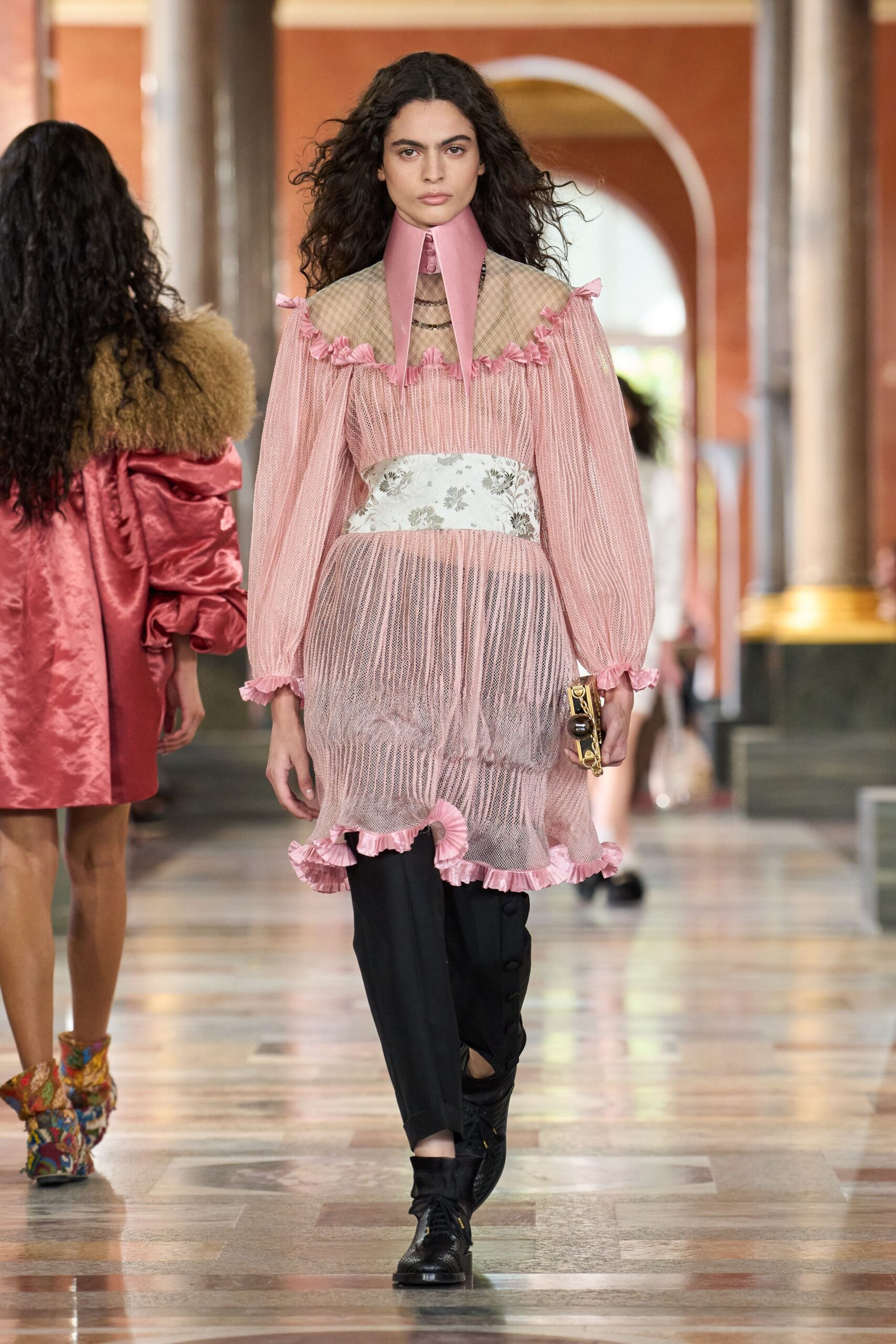 pink silk long-sleeve collared fitted ruffled pleated dress
