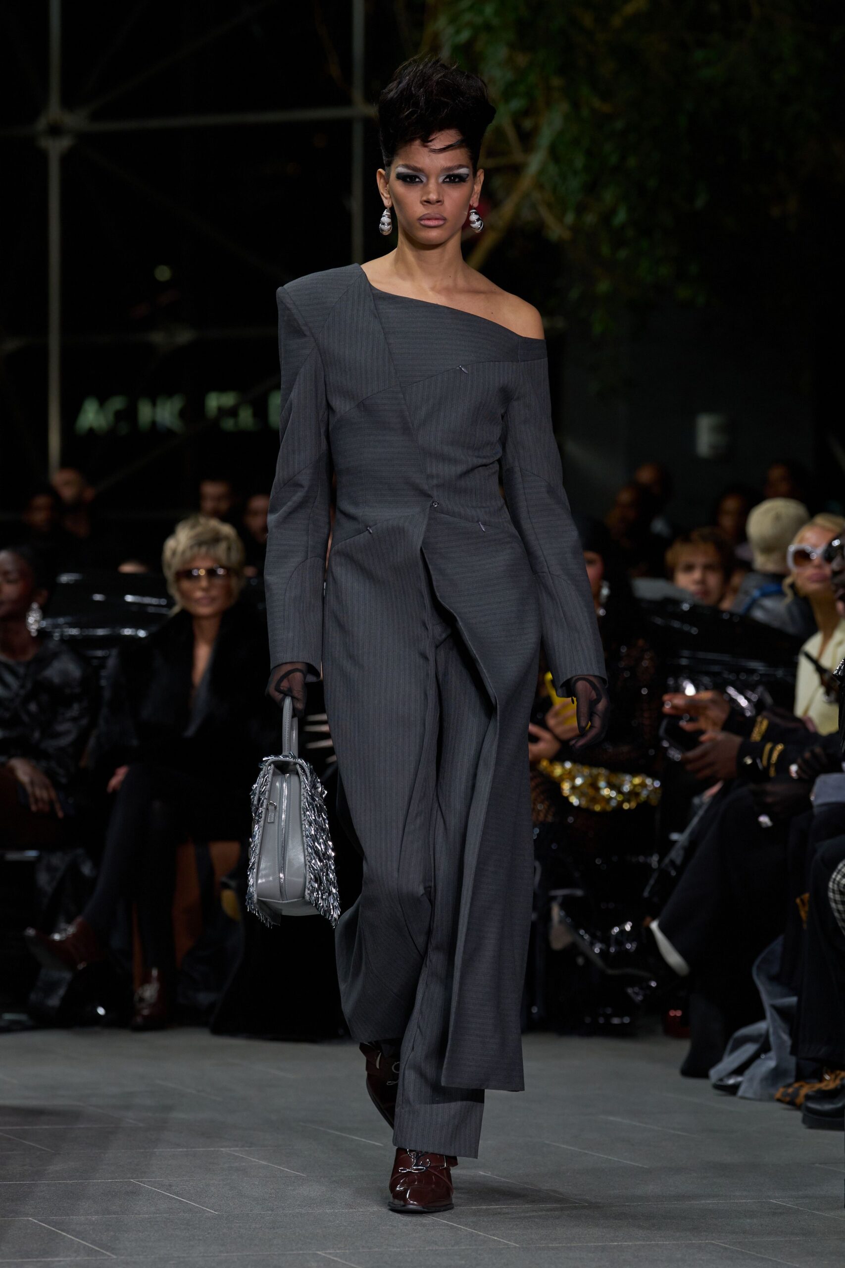 gray cotton long-sleeve off-shoulder fitted pleated midi dress