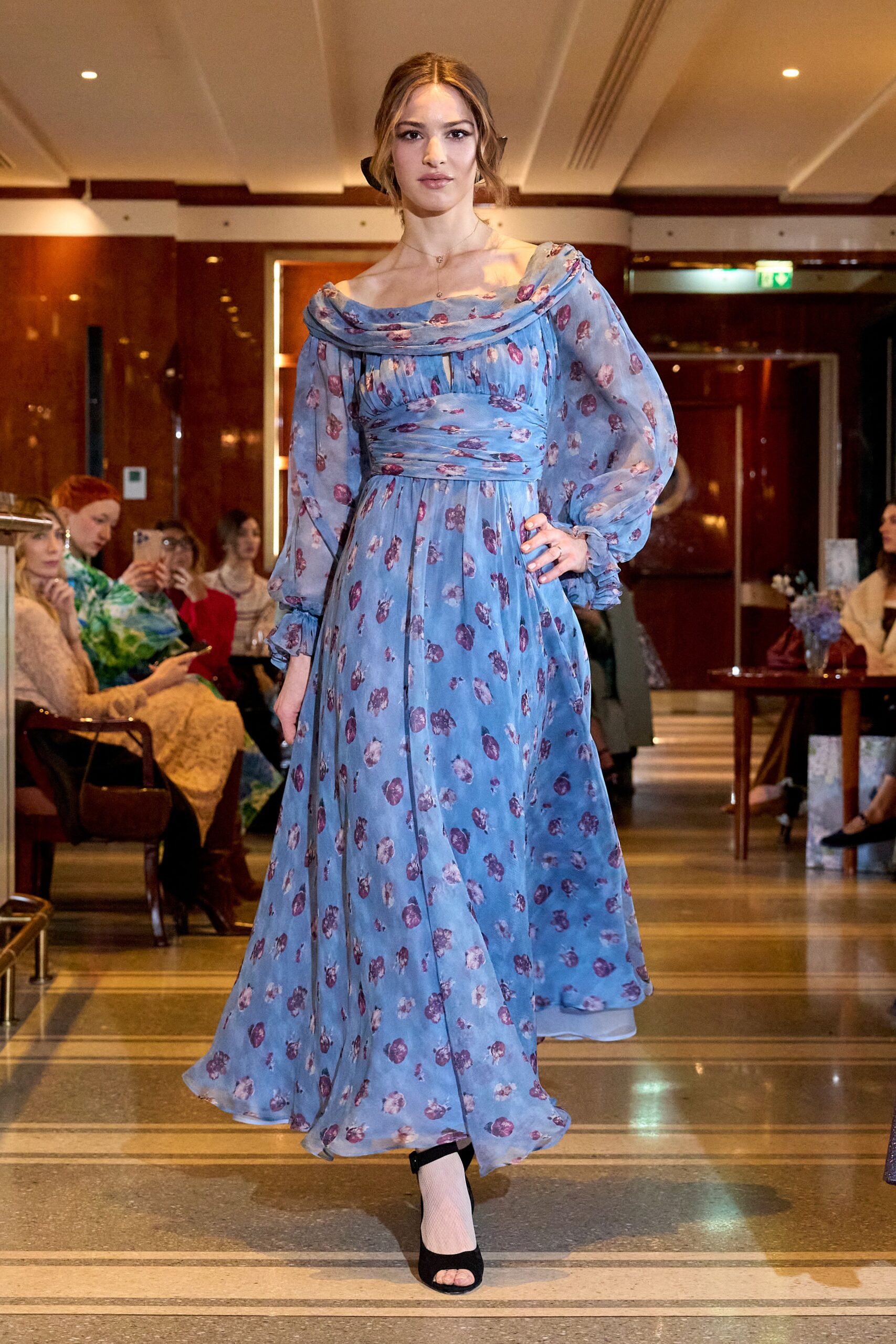 blue silk long-sleeve off-shoulder fitted floral tiered dress