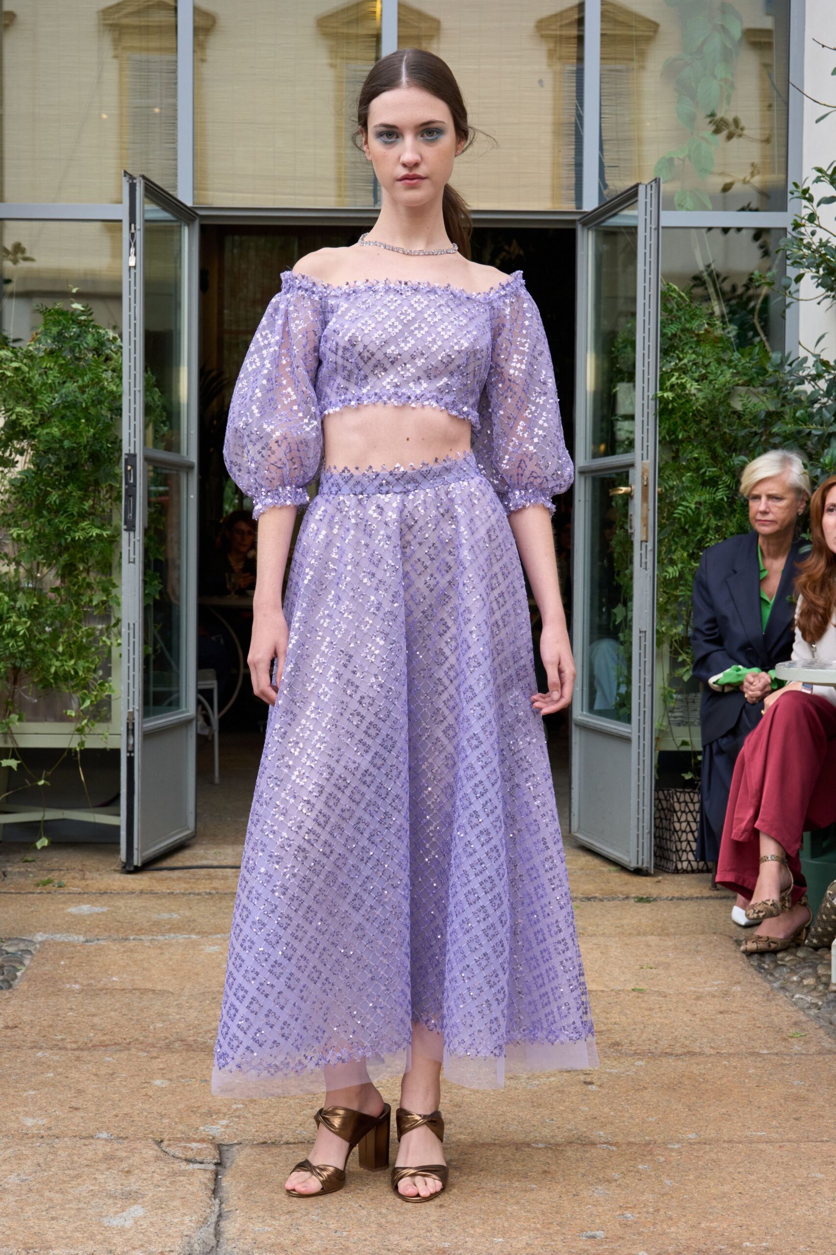 purple lace off-shoulder fitted embroidered sheer top