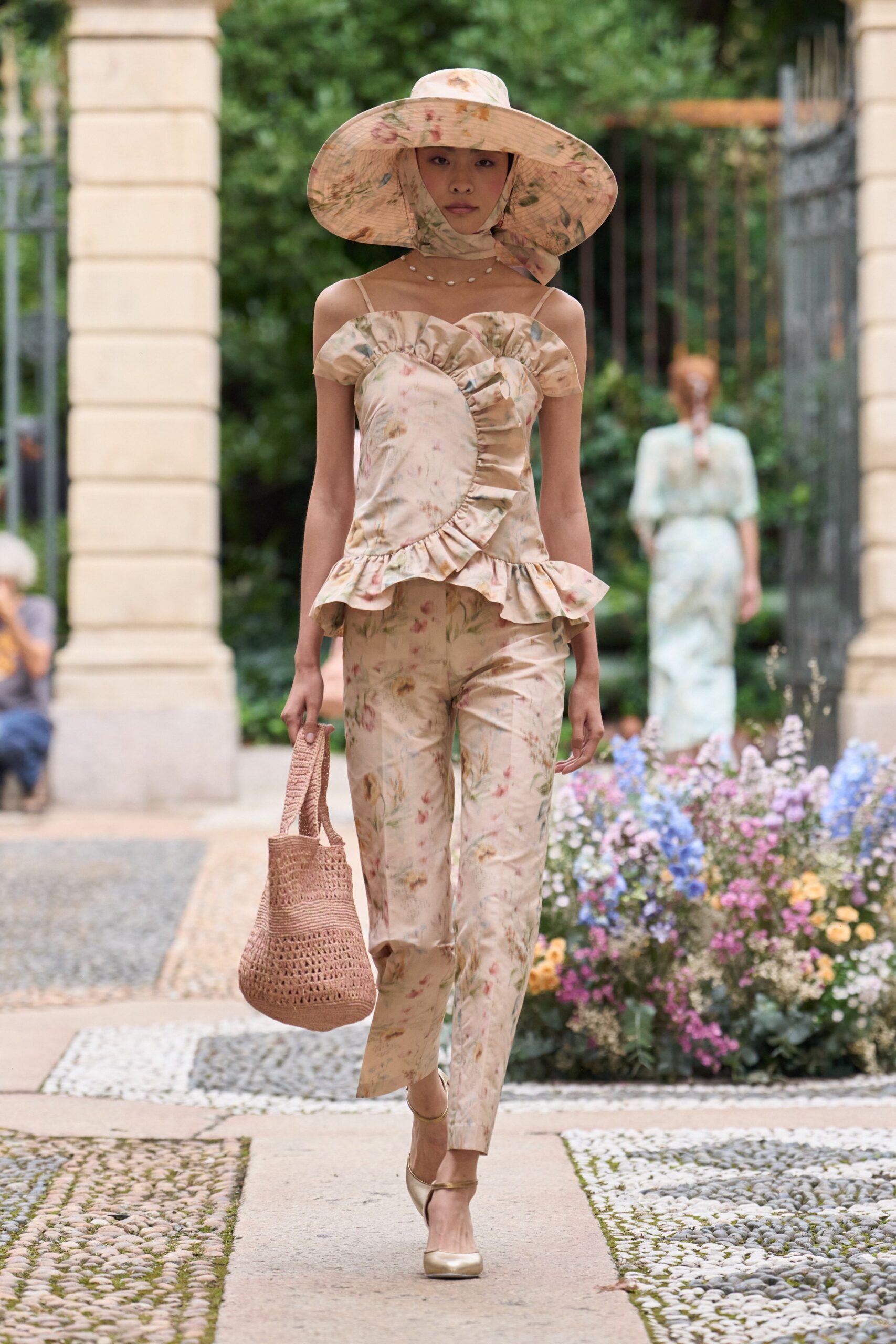 beige cotton sleeveless off-shoulder fitted floral ruffled top