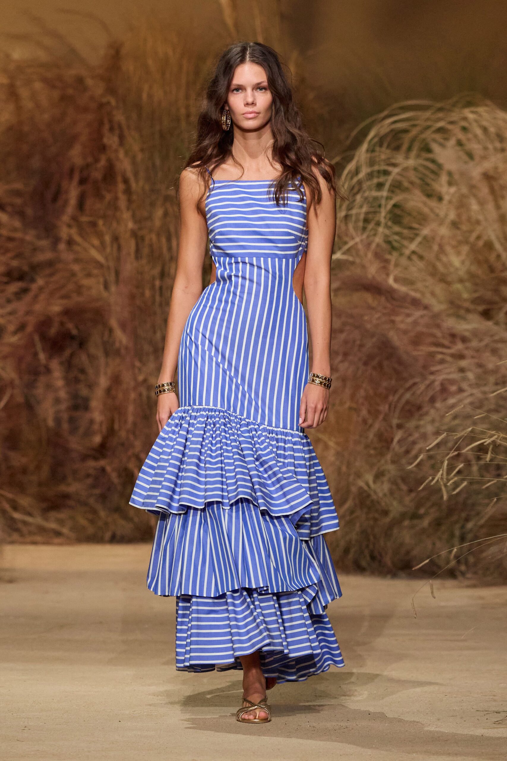 blue and white striped gown