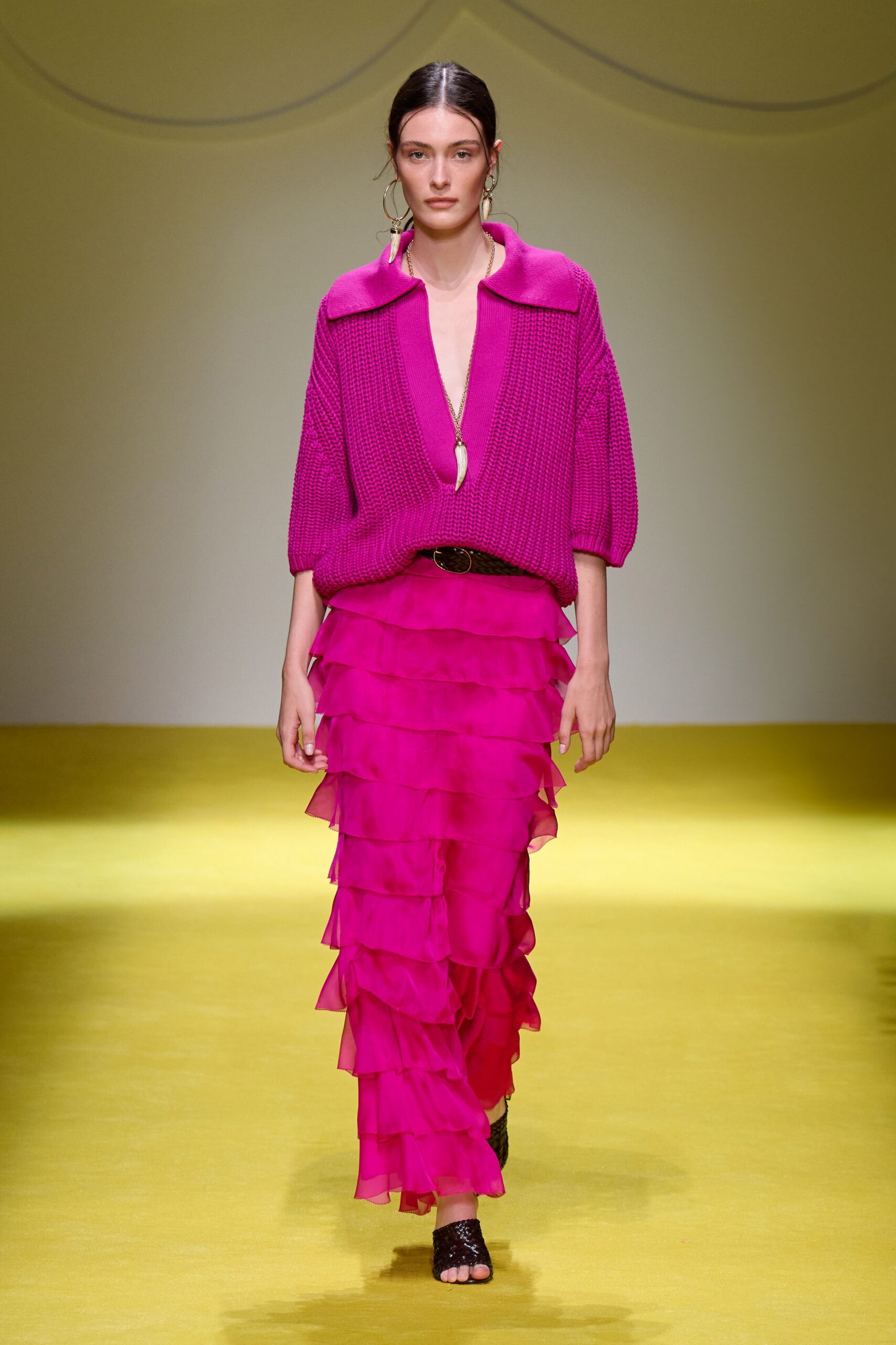 pink knit top with tiered skirt
