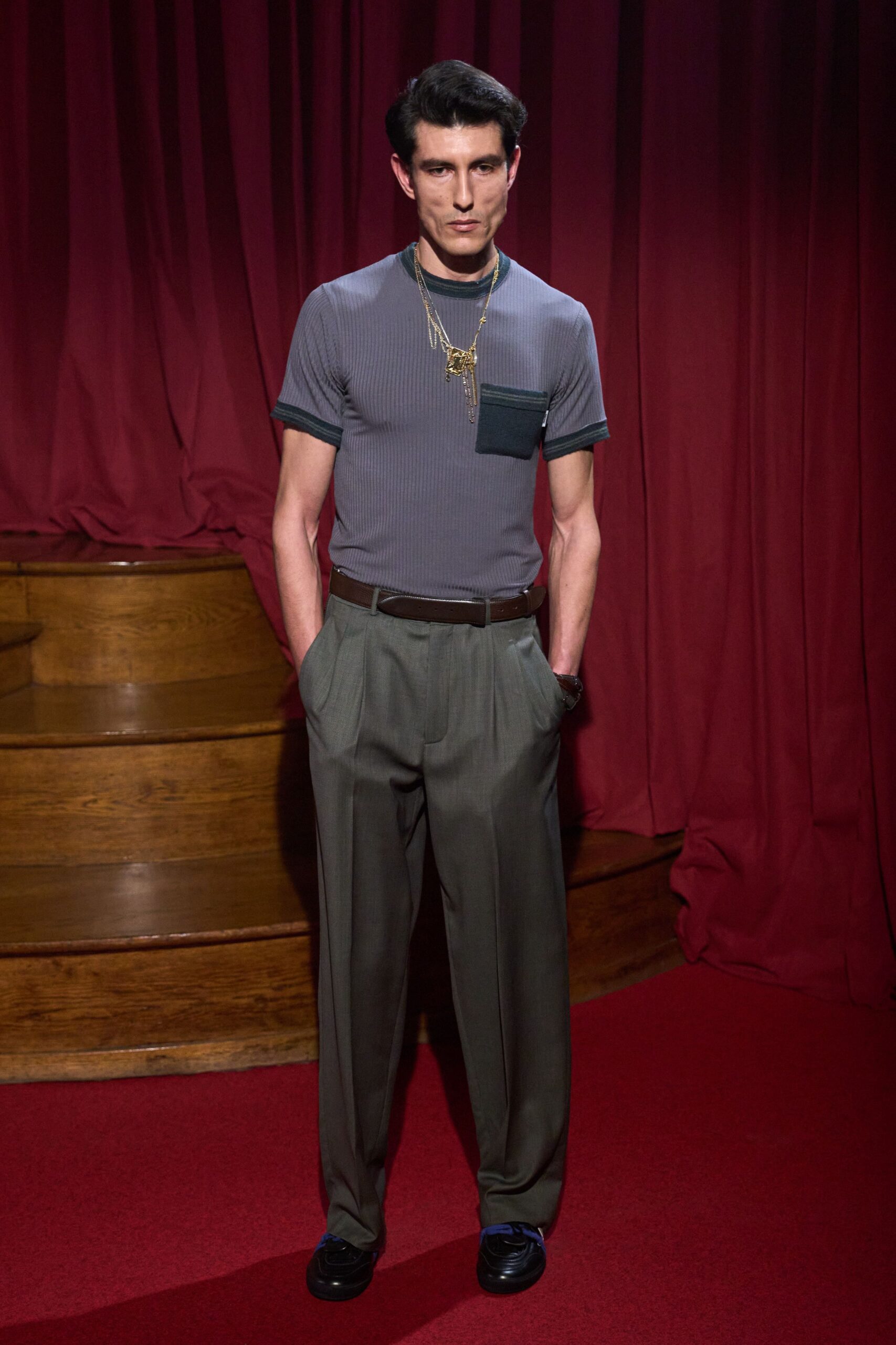 green wool relaxed straight-leg pants