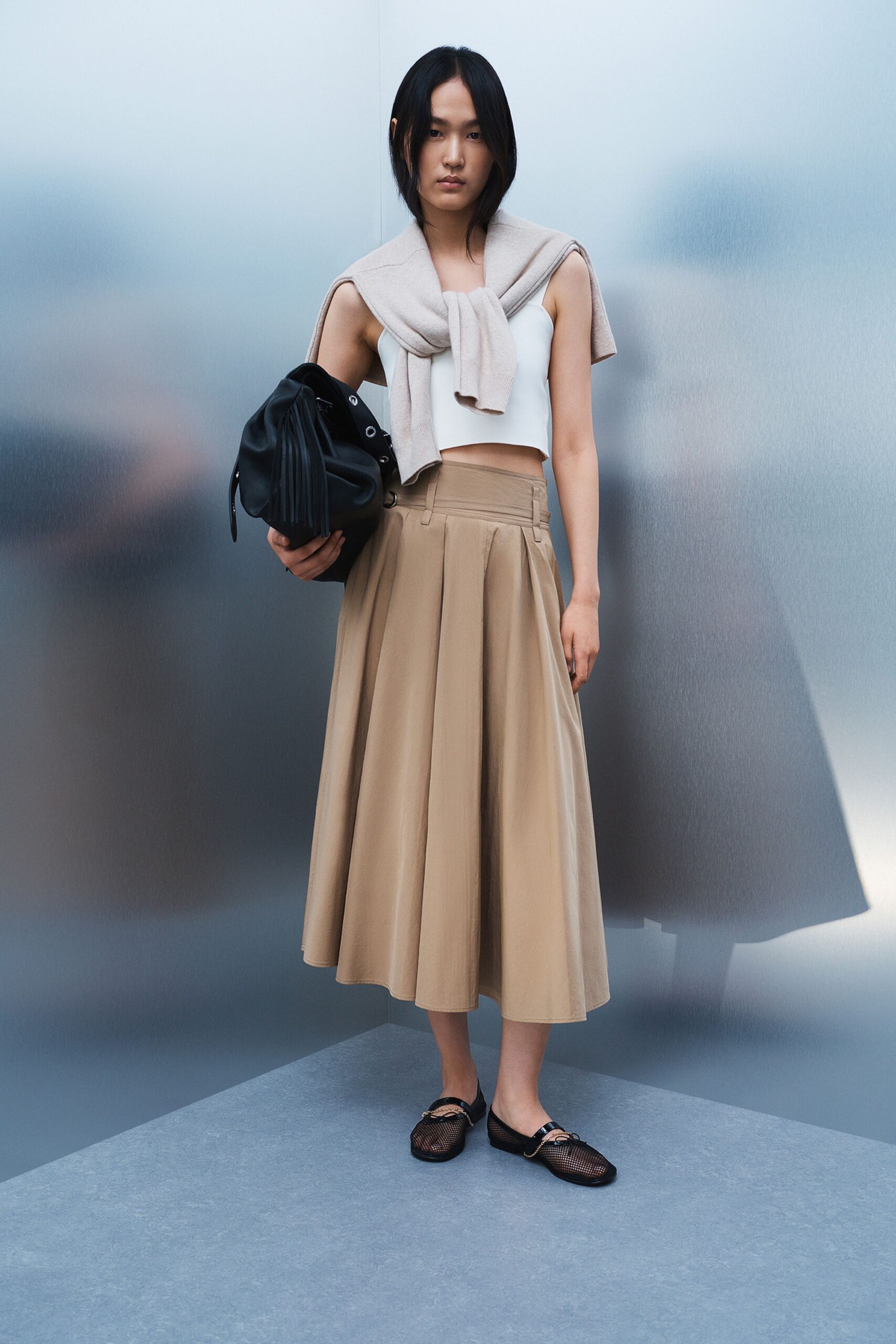 white fitted top beige midi skirt