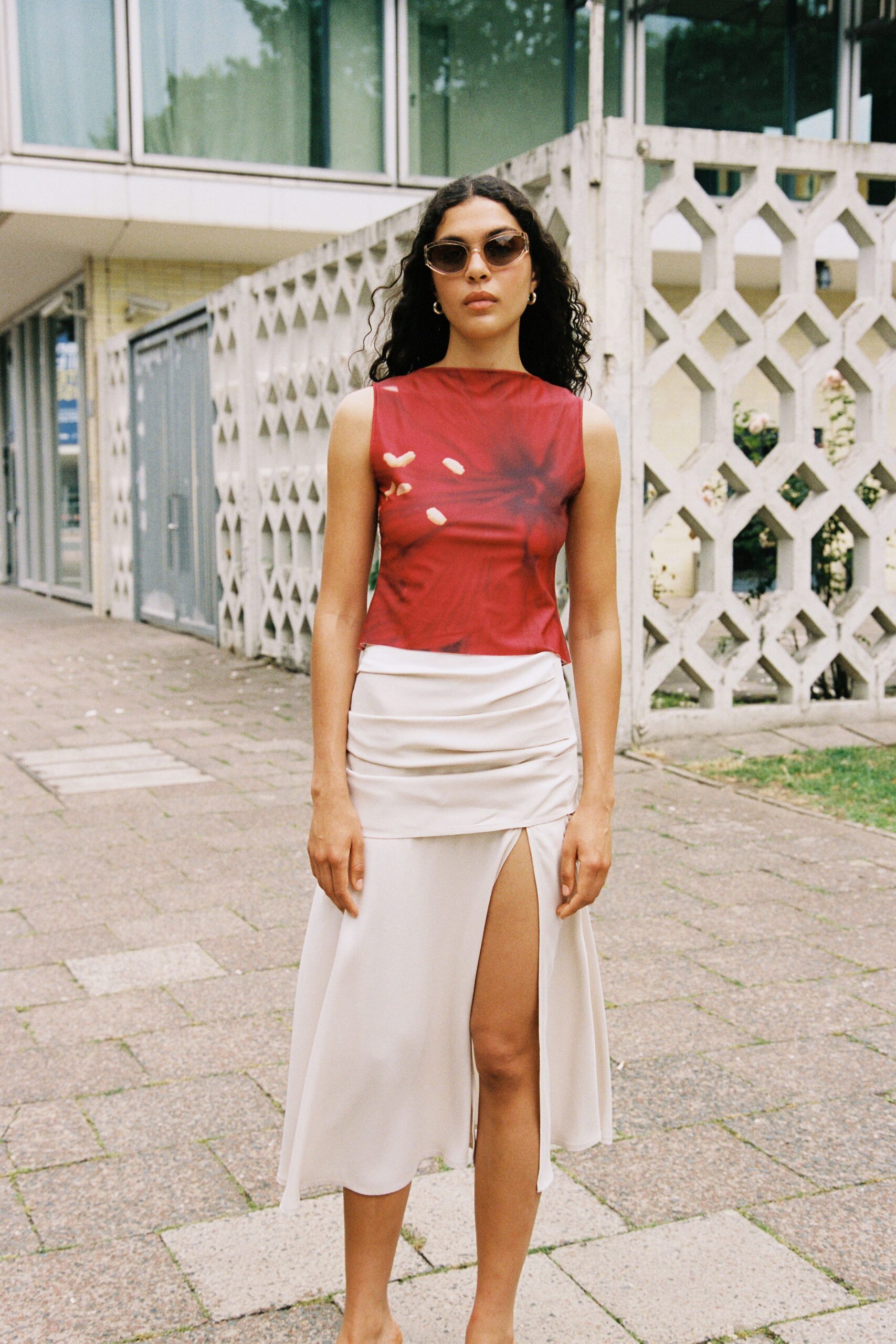 white silk slit fitted high-waisted layered midi skirt