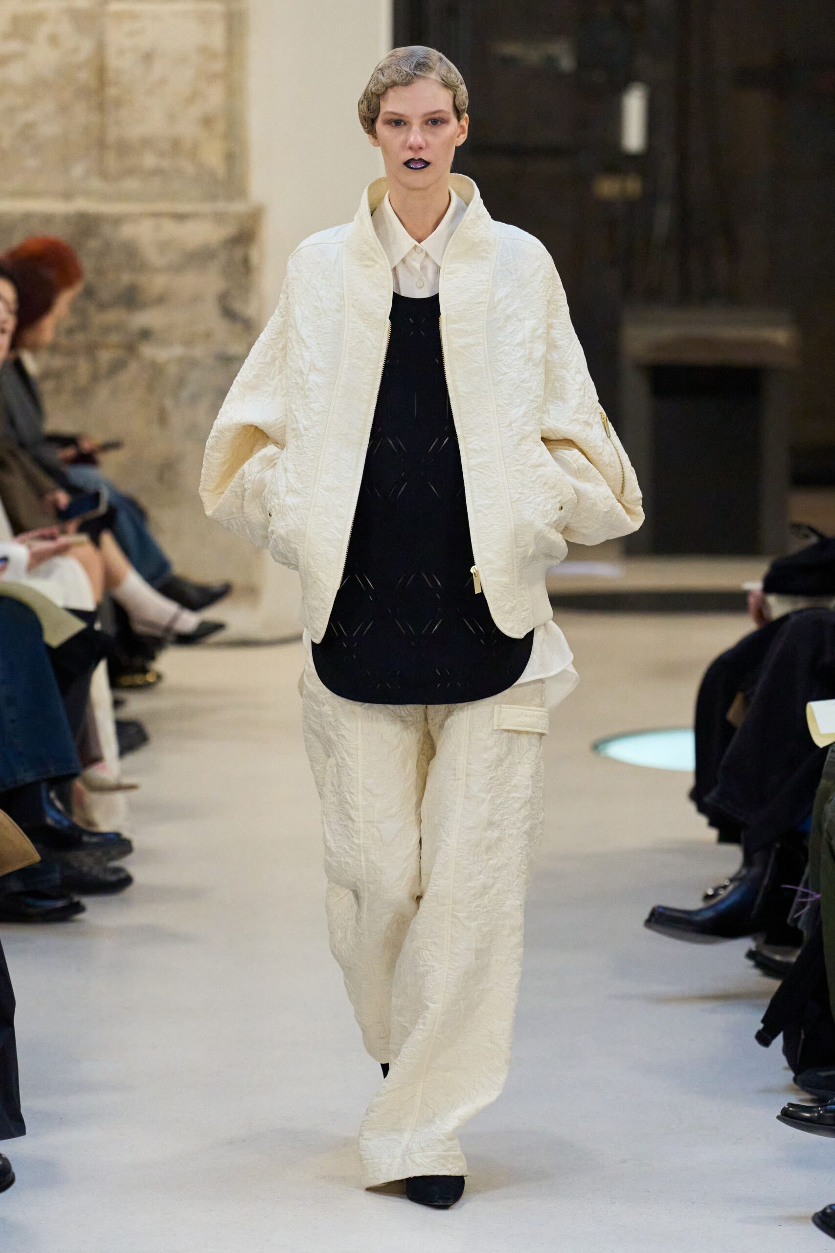 white cotton long-sleeve collared oversized quilted jacket