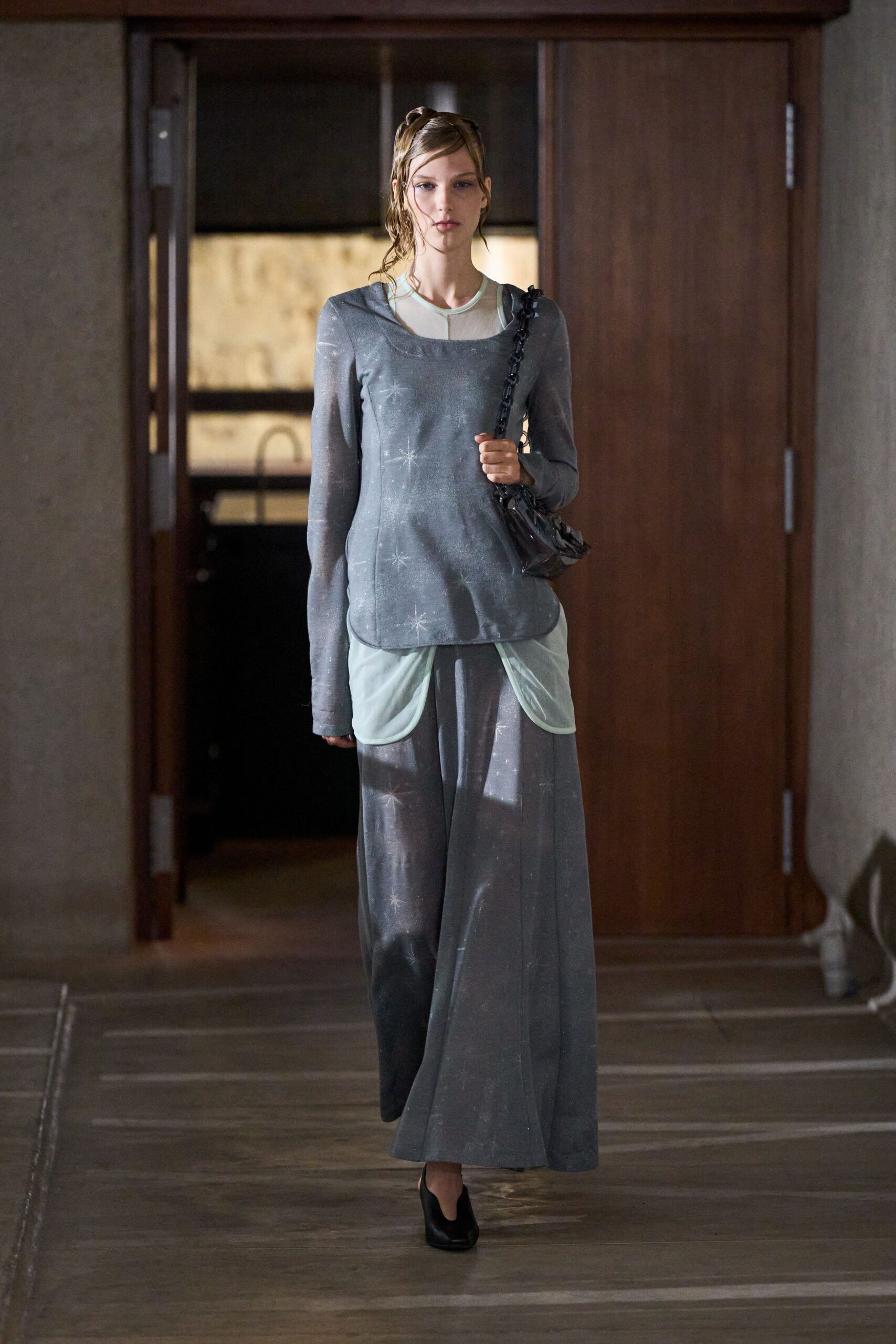 gray relaxed top with maxi skirt