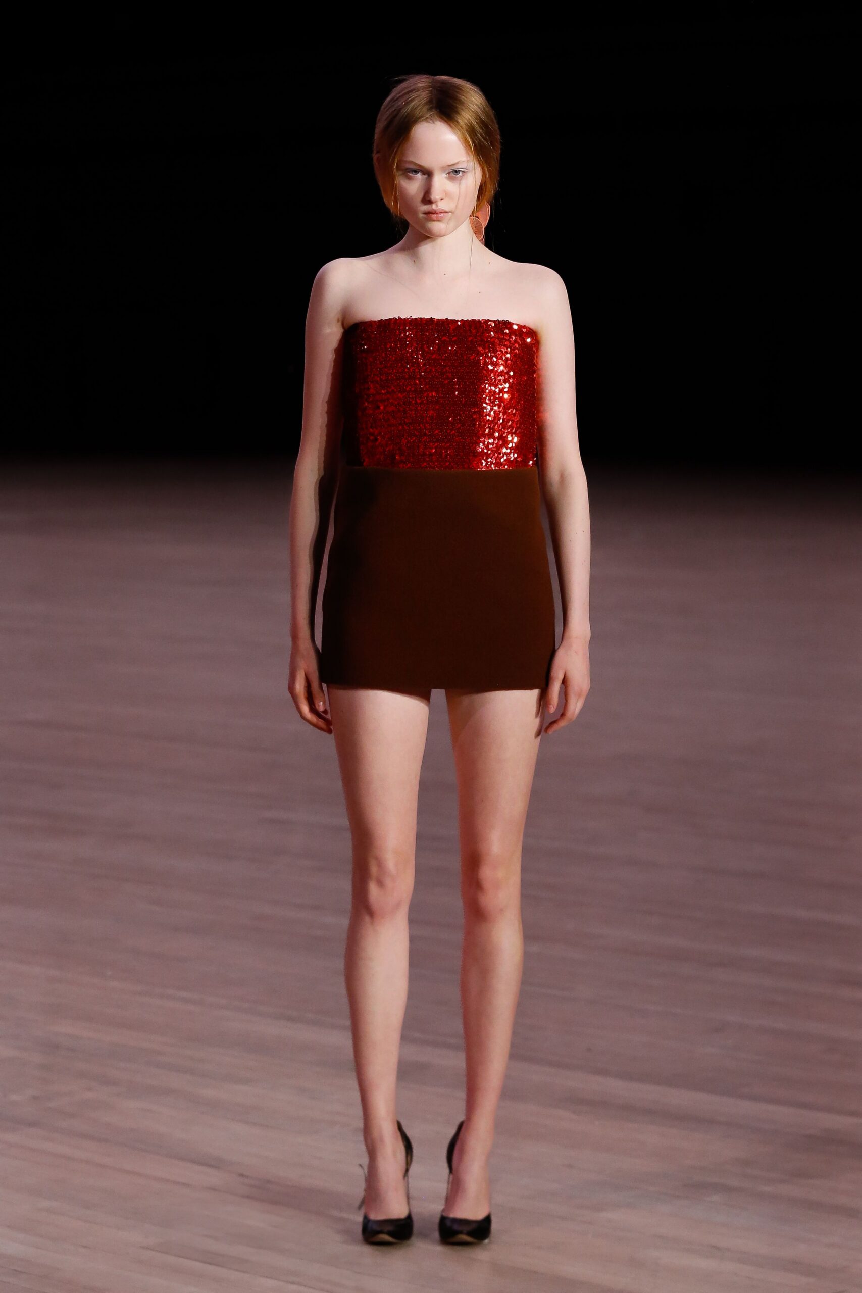 red sequin strapless fitted color-blocked shiny mini dress