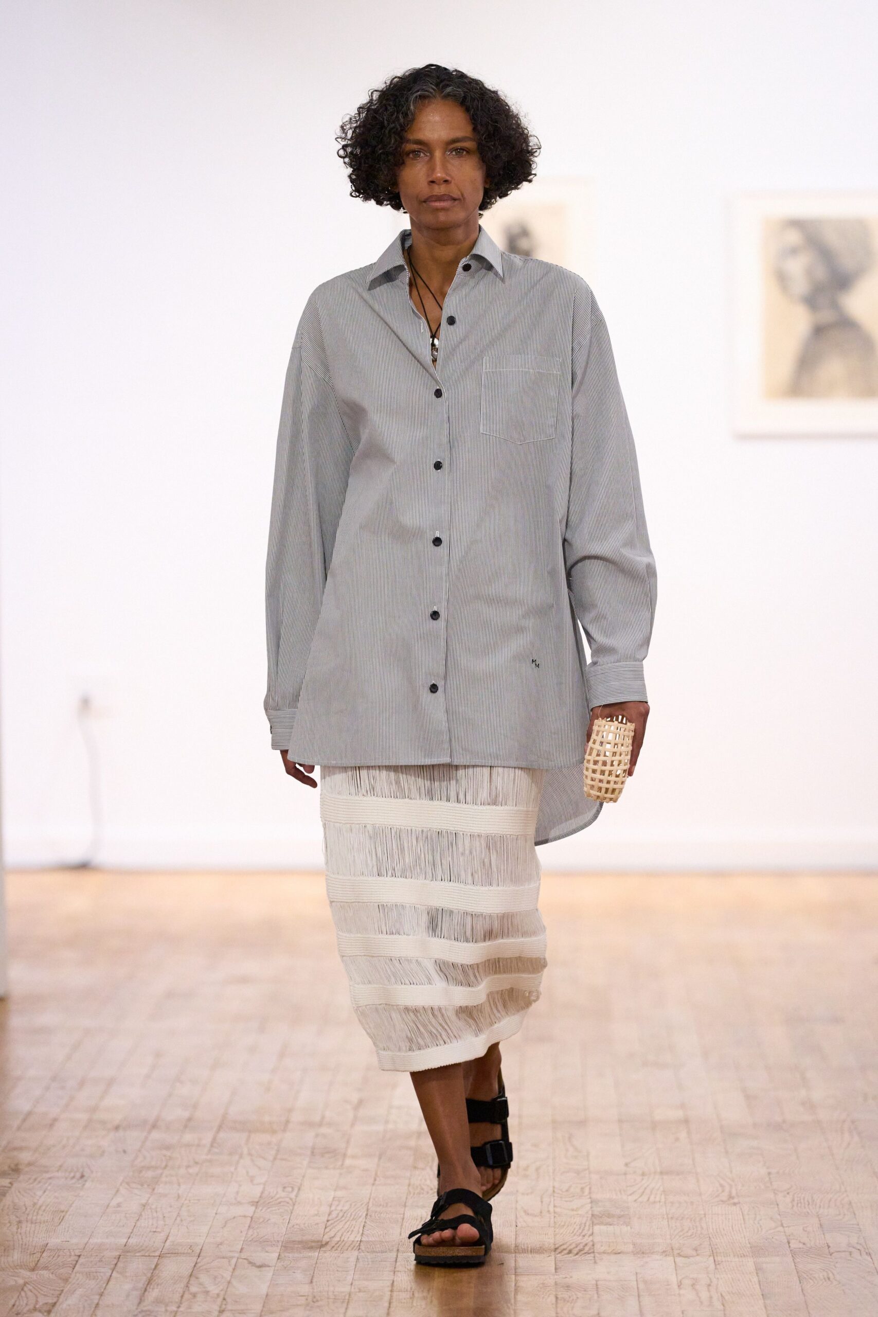 gray striped shirt white pleated skirt