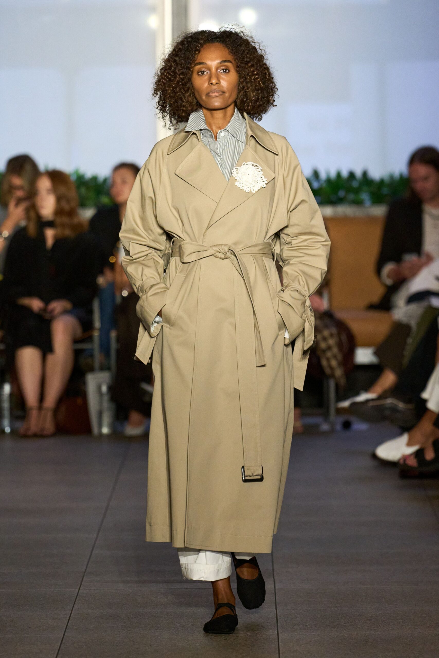 beige trench coat with shirt and pants