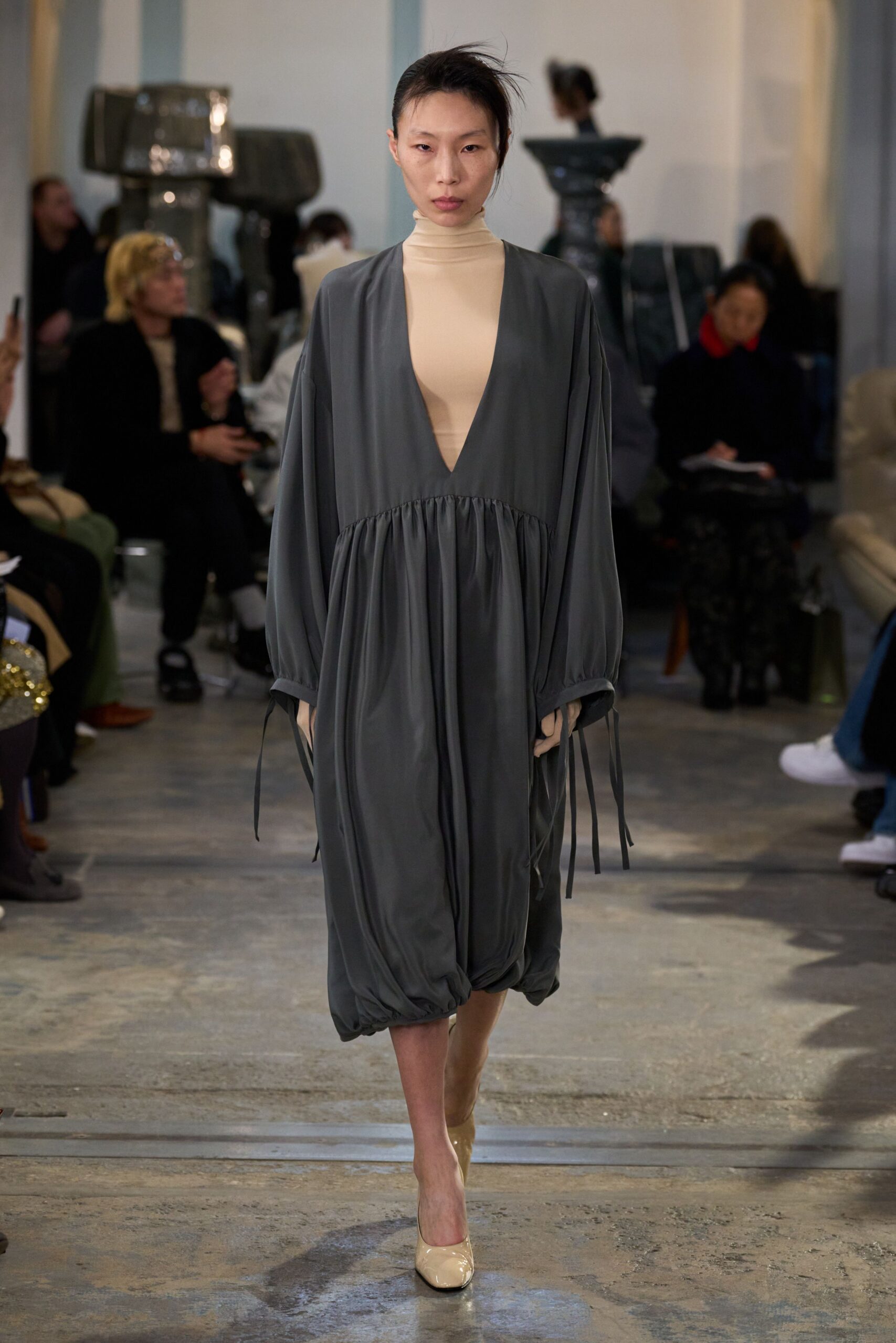 gray silk relaxed midi dress
