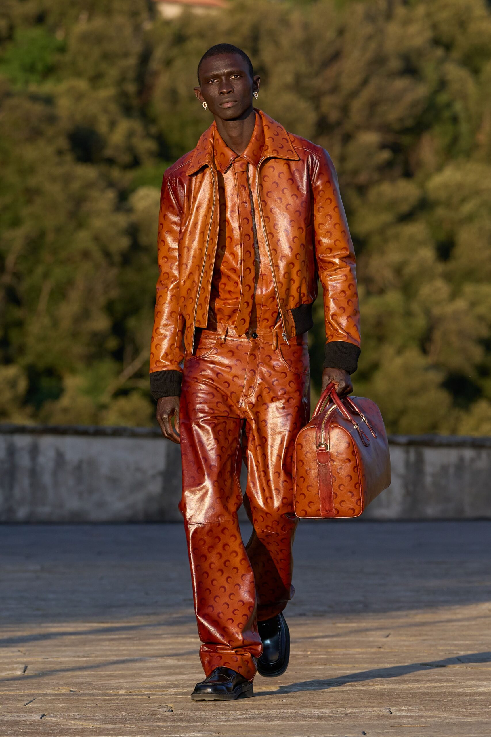 orange leather fitted straight-leg pants