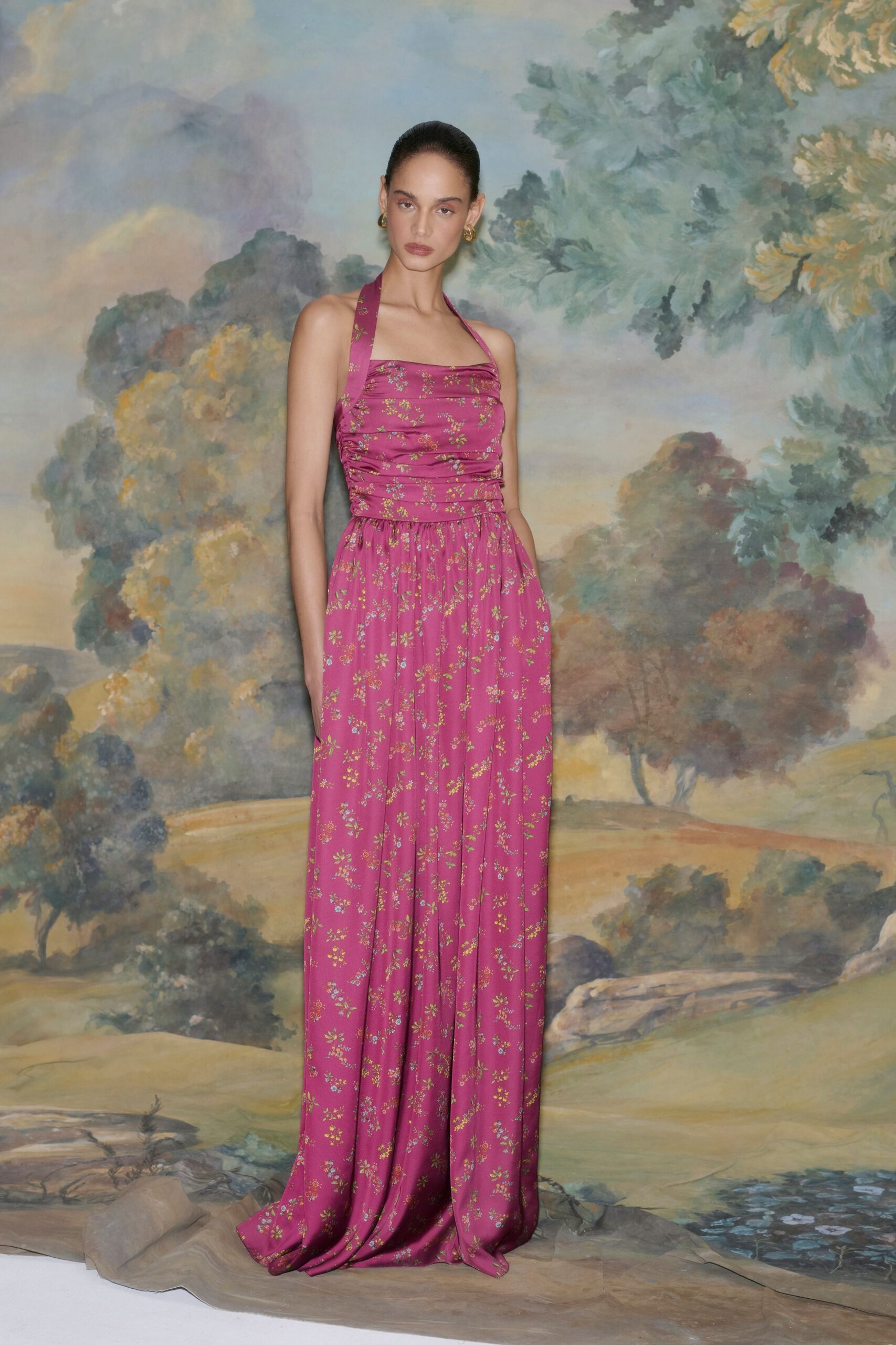 pink floral silk gown