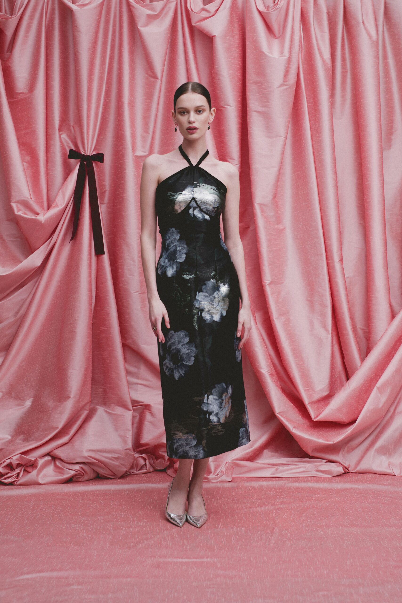 black silk strapless halter fitted floral embellished gown