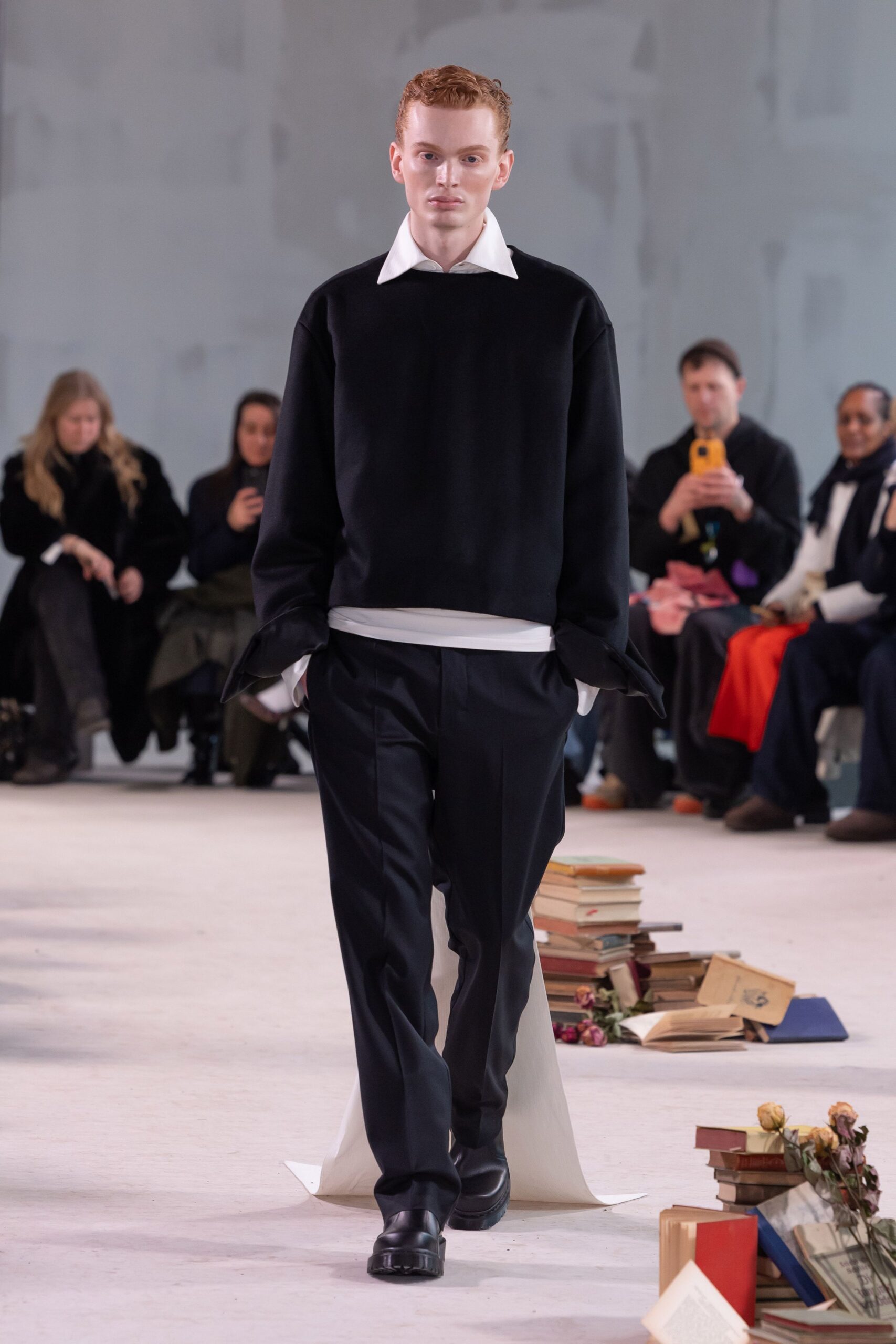 black sweater white shirt tailored pants