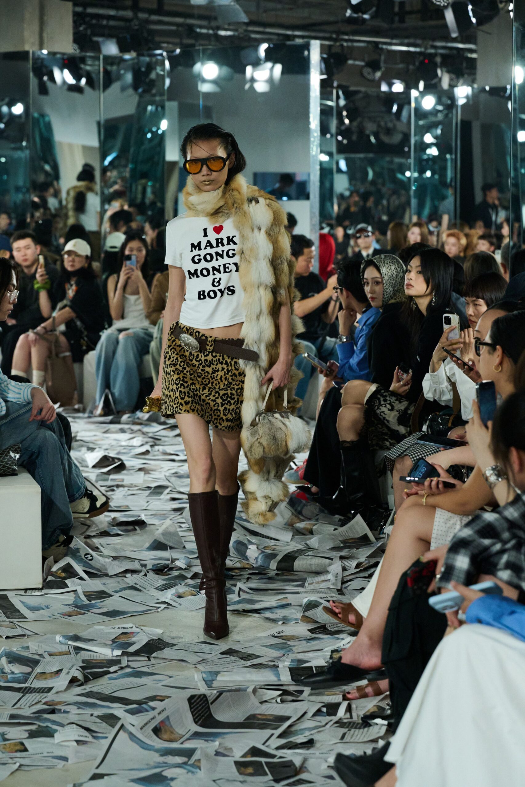 white printed t-shirt with mini animal-print skirt