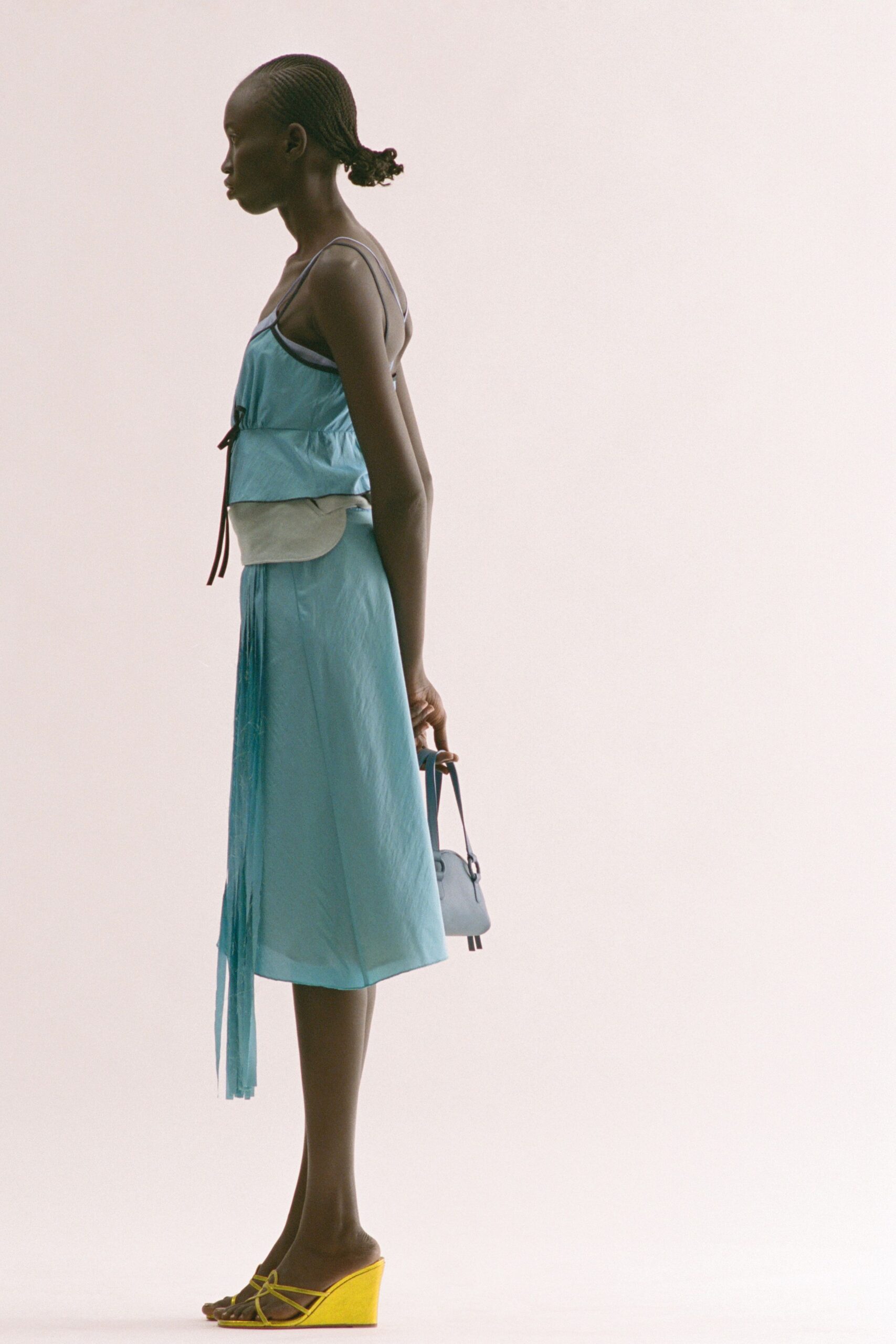 blue silk sleeveless v-neck fitted draped flowing dress