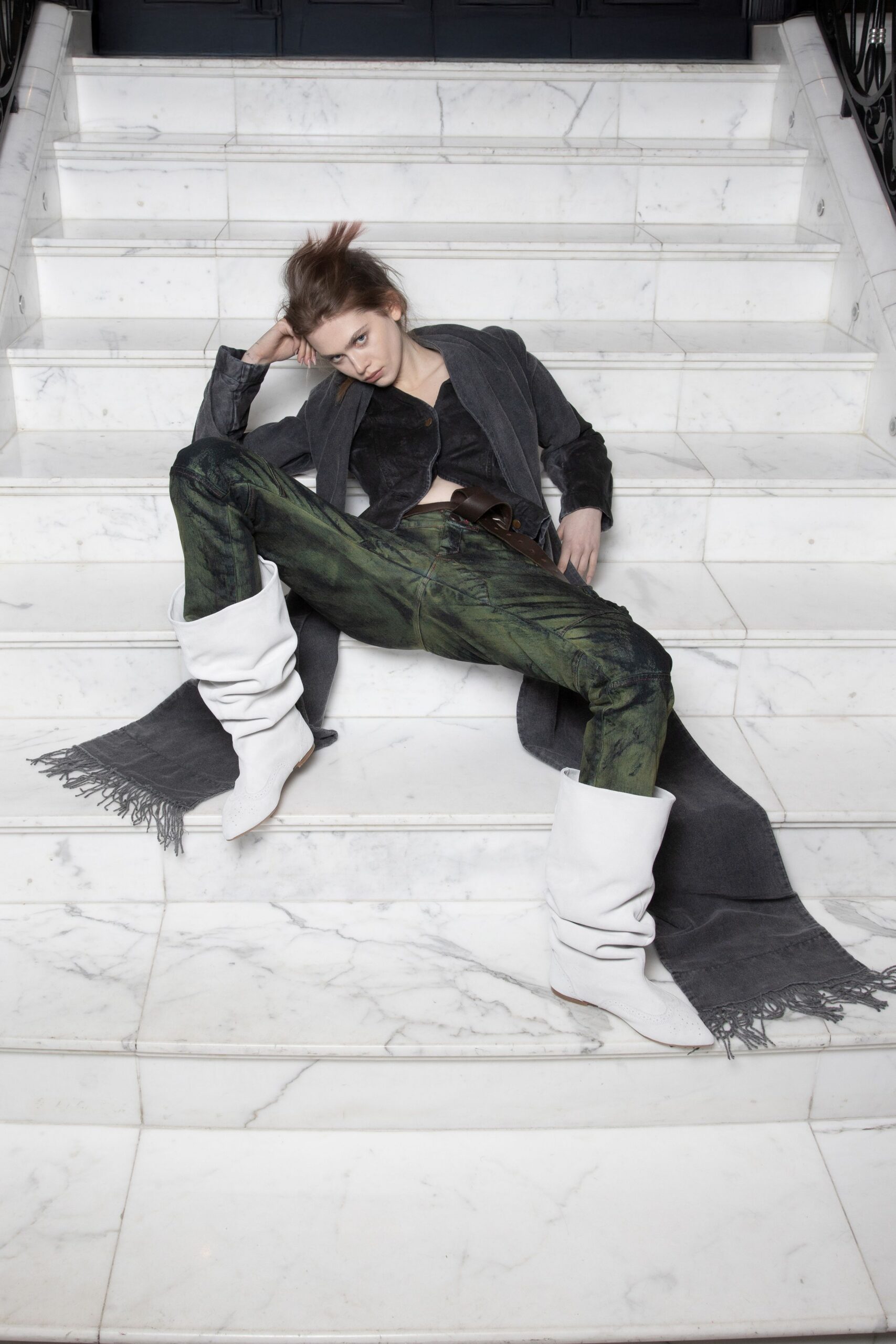 green cotton fitted printed pants