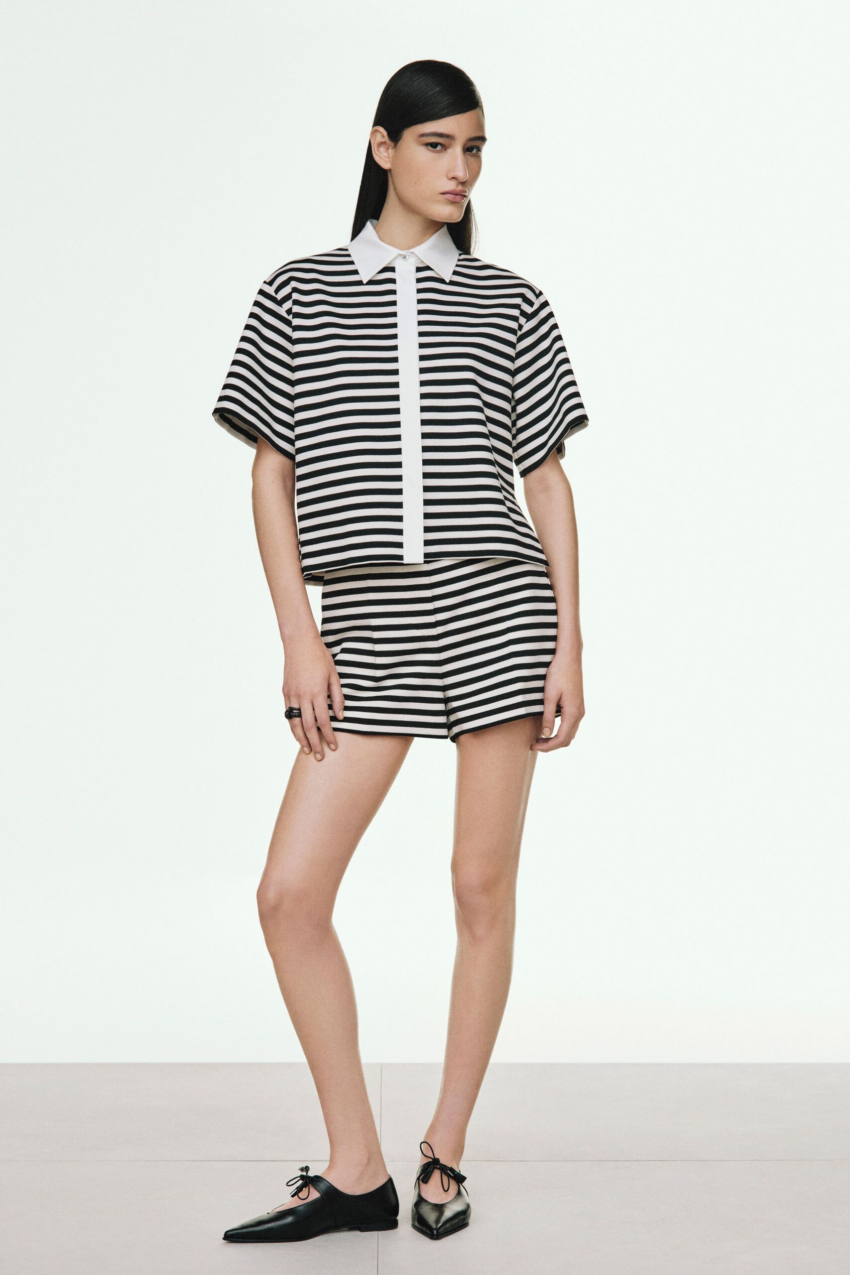striped black and white top with shorts
