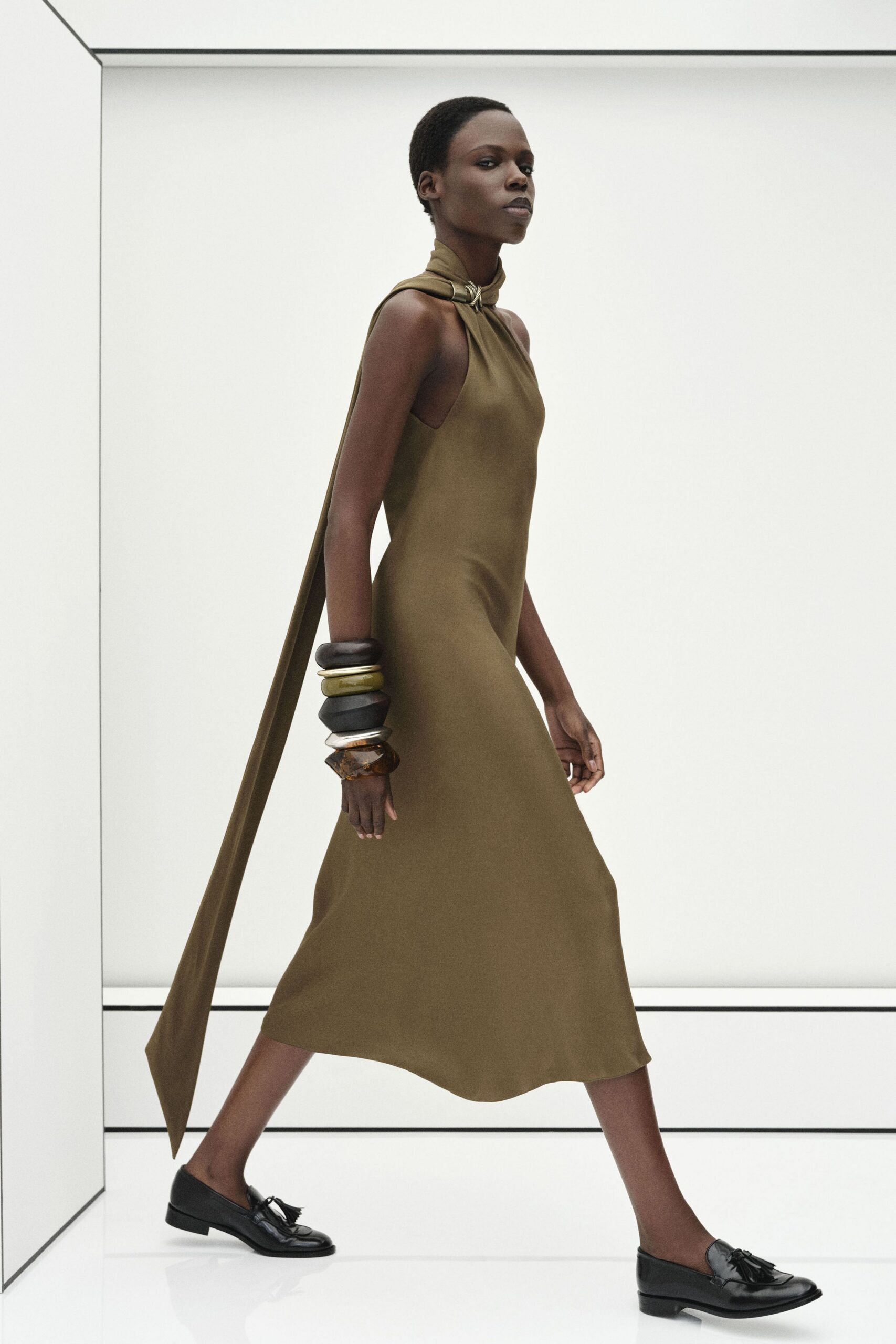 brown cotton sleeveless high-neck fitted draped midi dress