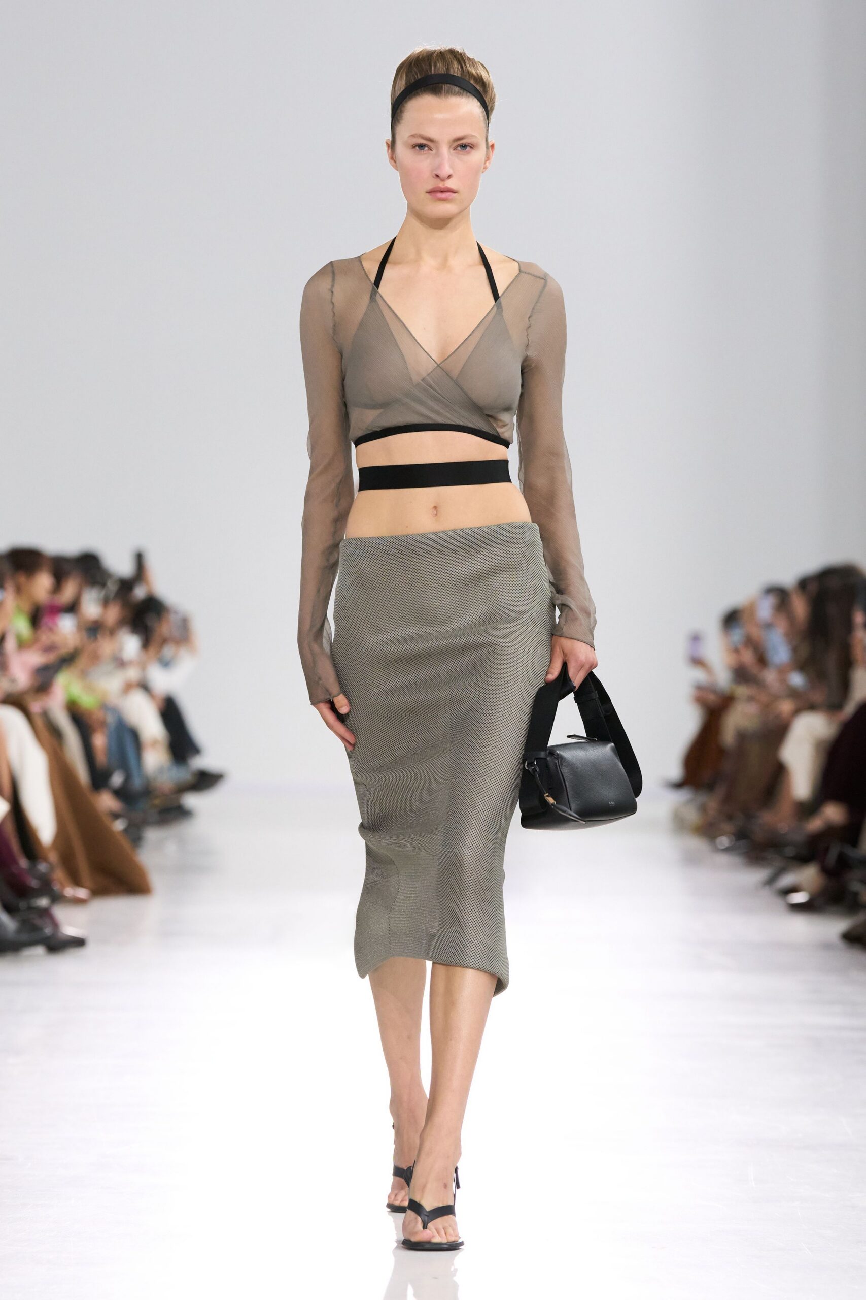 gray mesh fitted pencil midi skirt