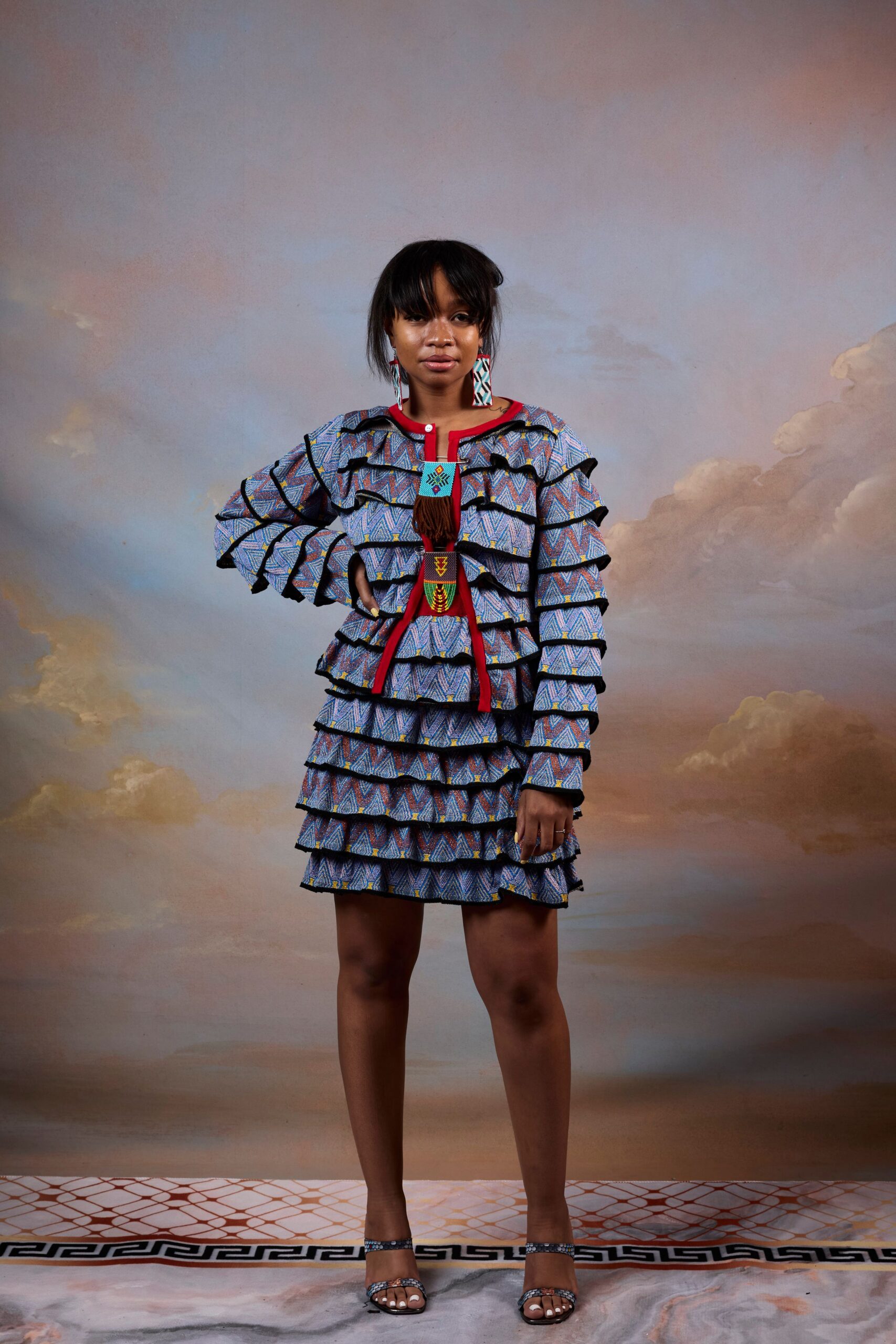 blue cotton long-sleeve collared fitted ruffled tiered dress