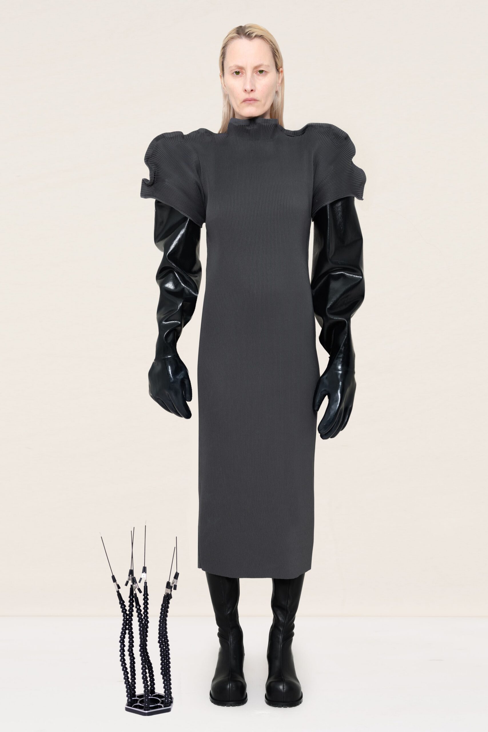 gray cotton long-sleeve high-neck fitted padded straight-leg dress