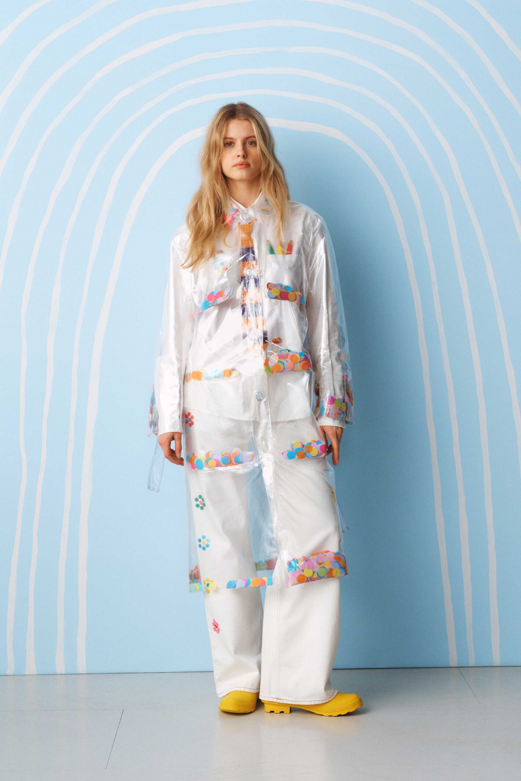 white vinyl long-sleeve collared relaxed layered printed coat