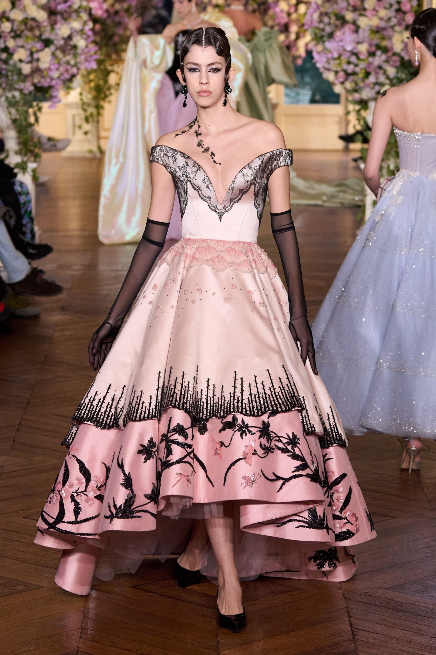 pink silk off-shoulder v-neck fitted embroidered tiered gown