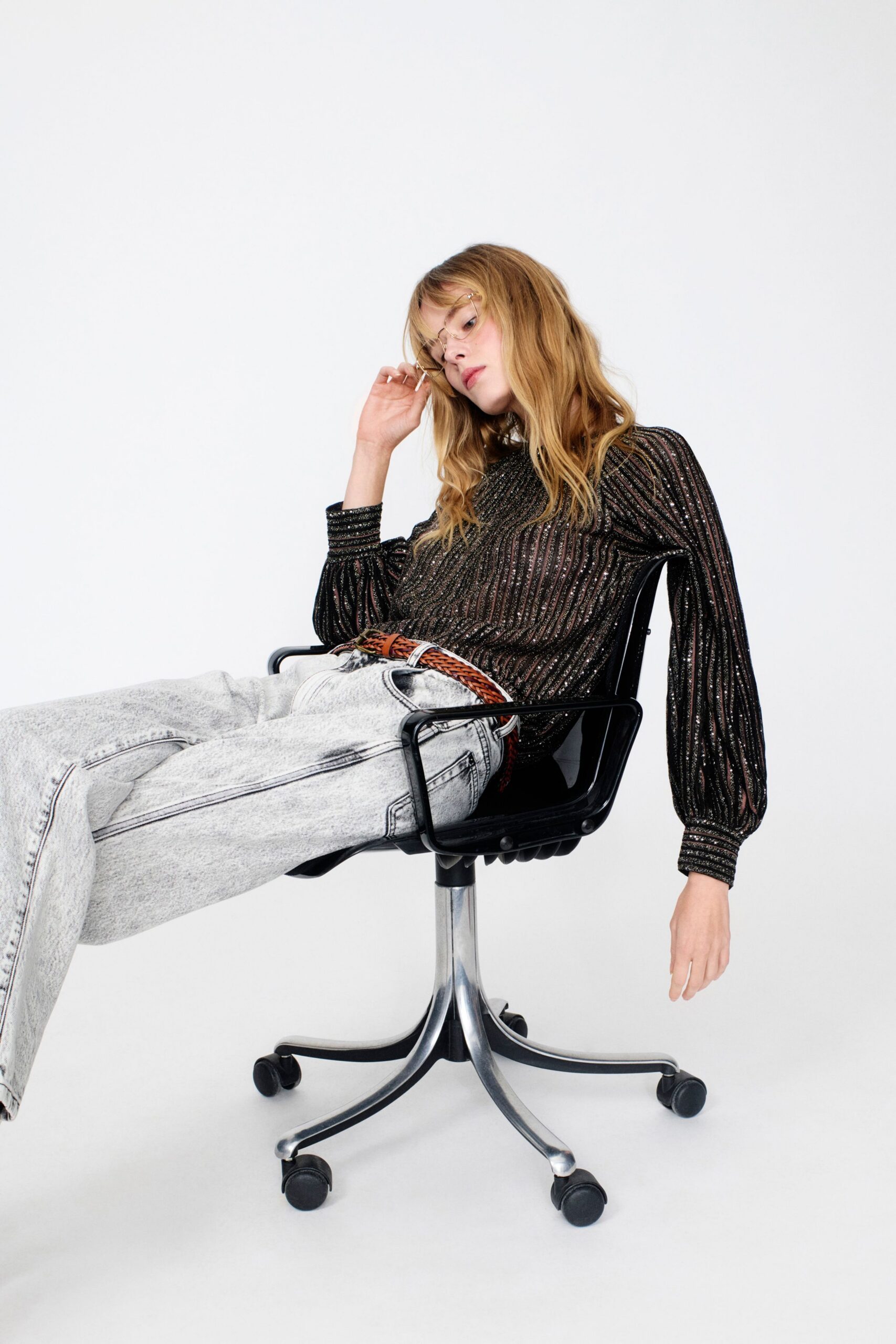 black silk long-sleeve high-neck relaxed pleated shiny top