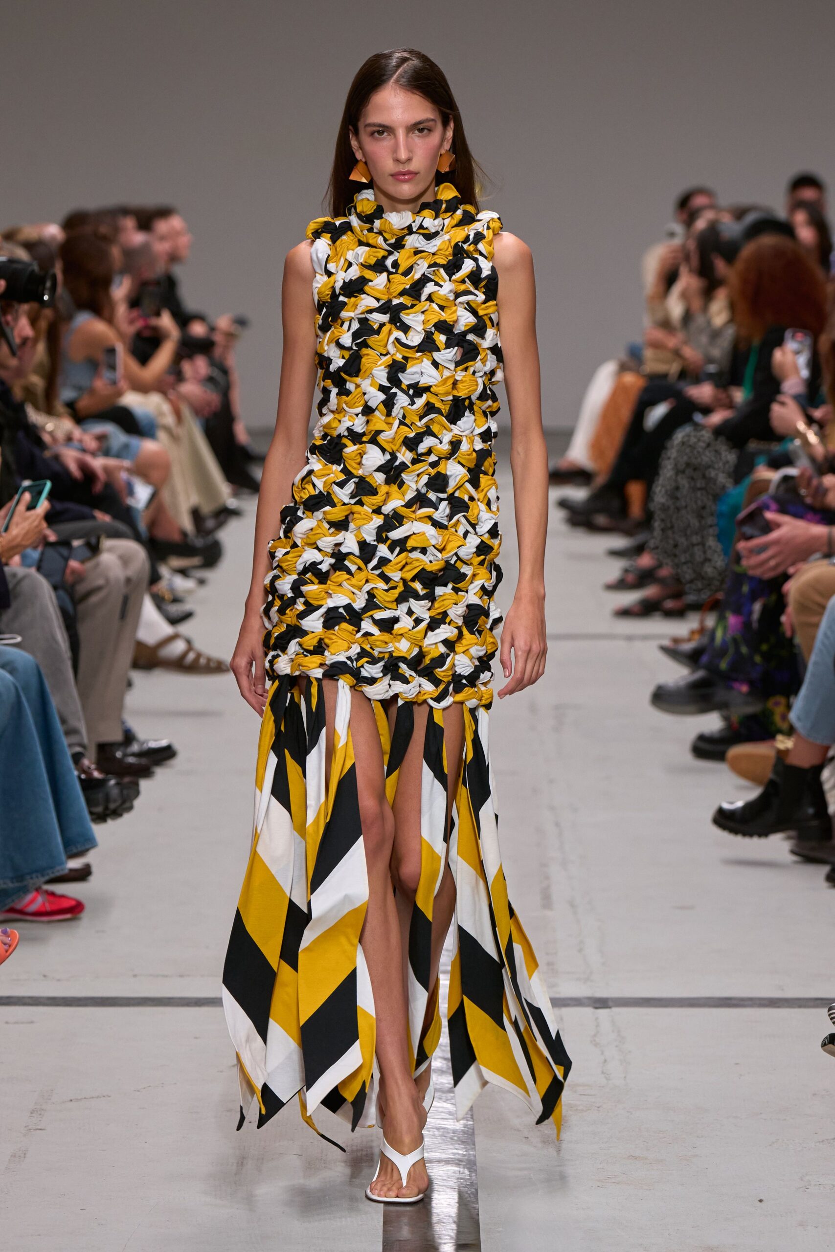 yellow cotton sleeveless v-neck fitted pleated draped dress