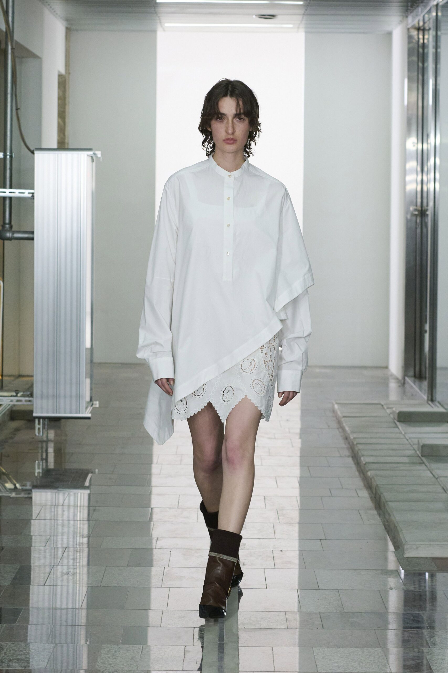 white cotton shirt-dress with brown boots
