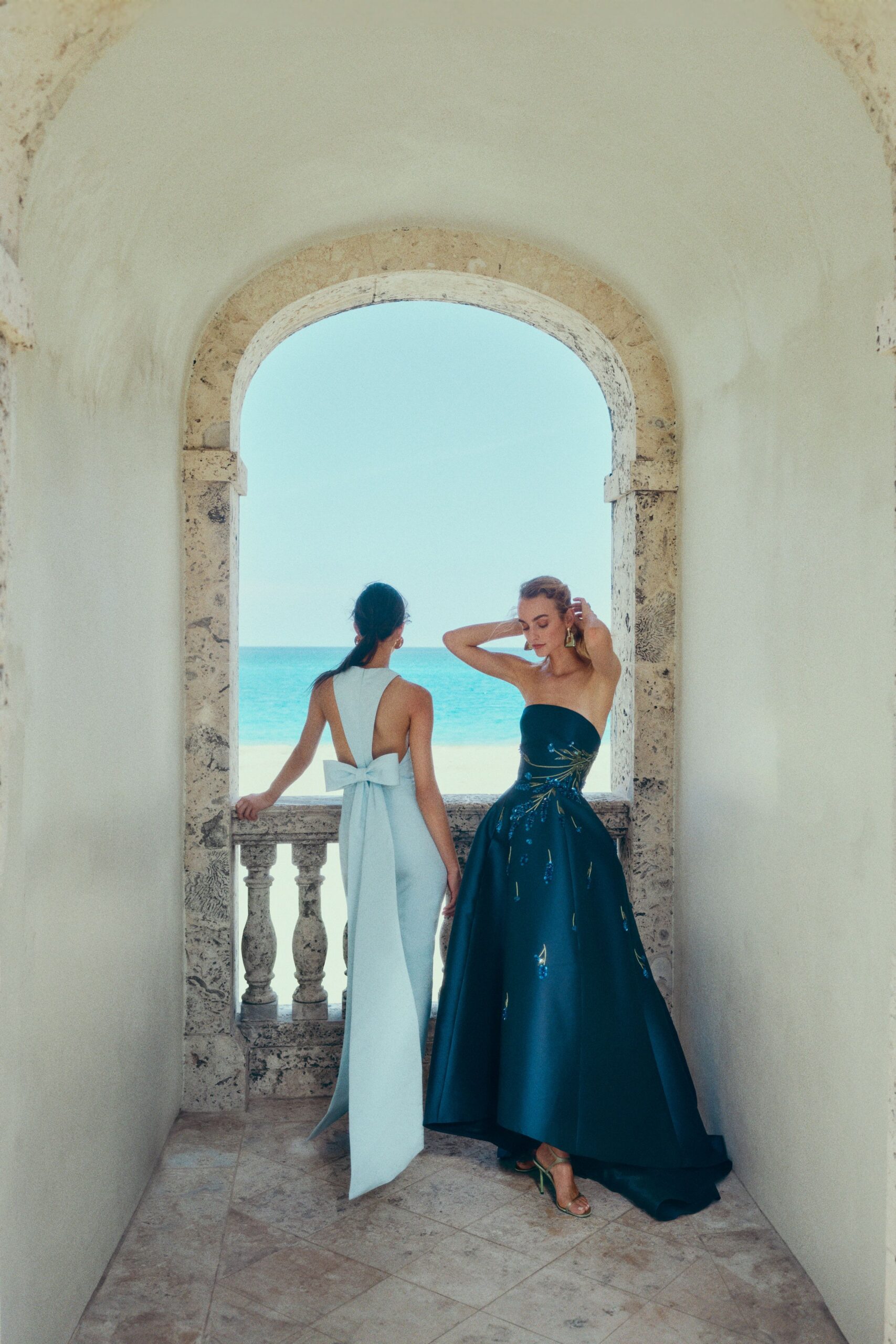 blue silk strapless fitted embroidered shiny maxi gown
