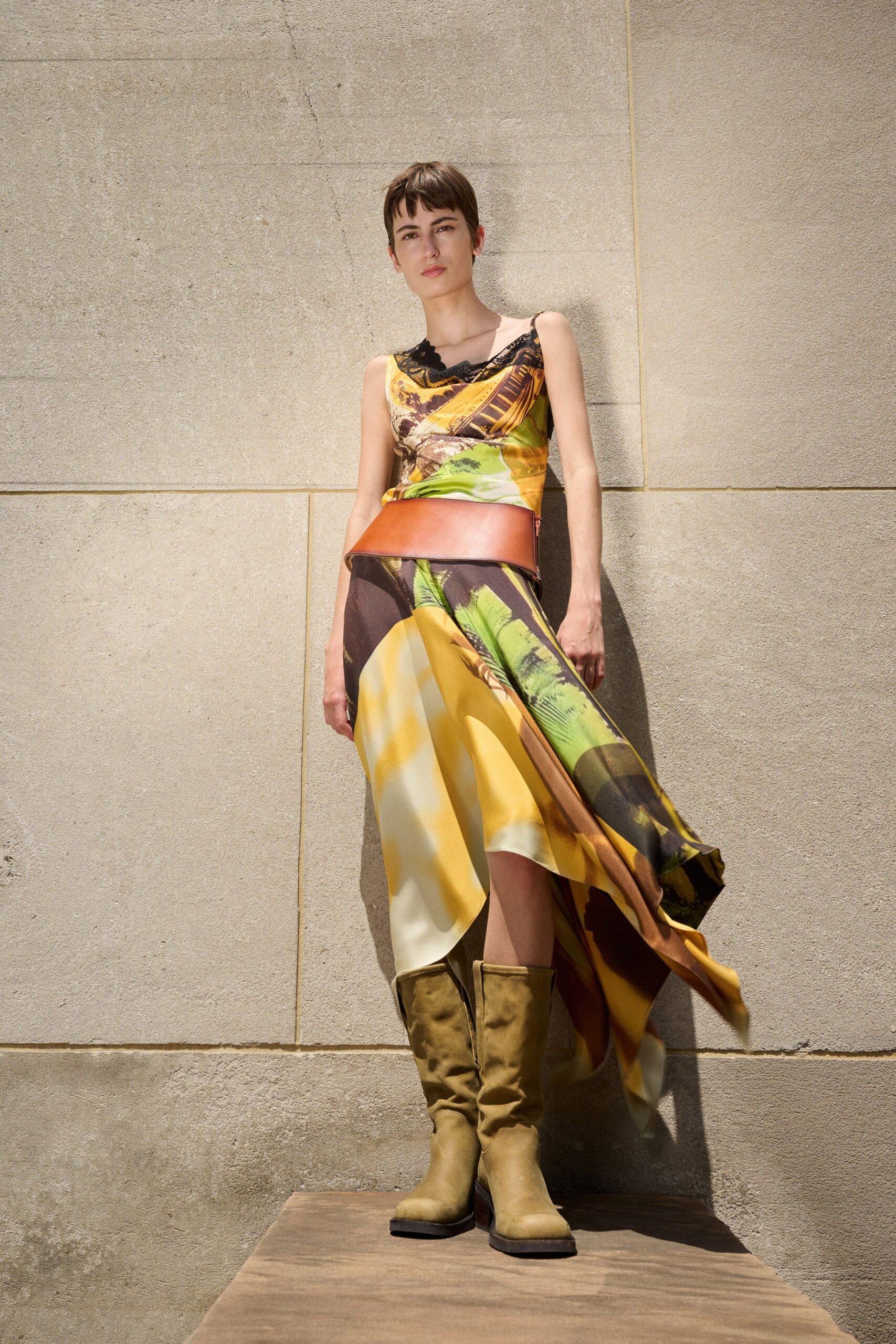 yellow silk sleeveless v-neck fitted draped tiered dress