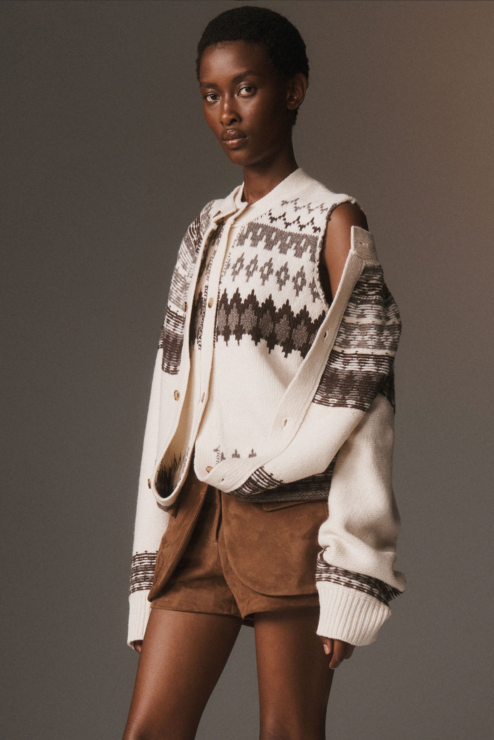 white wool long-sleeve collared oversized embroidered sweater