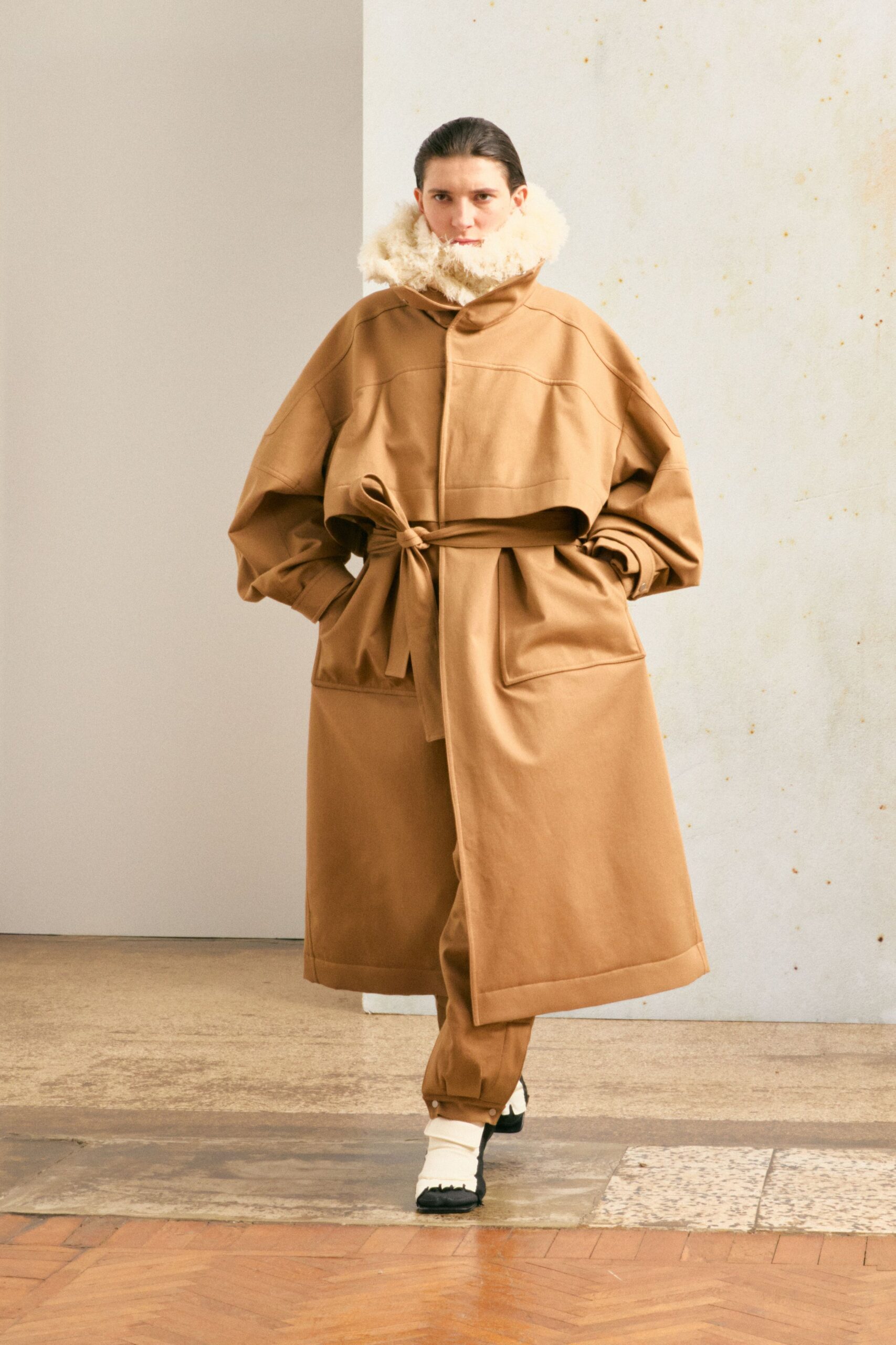 brown cotton long-sleeve collared oversized belted coat