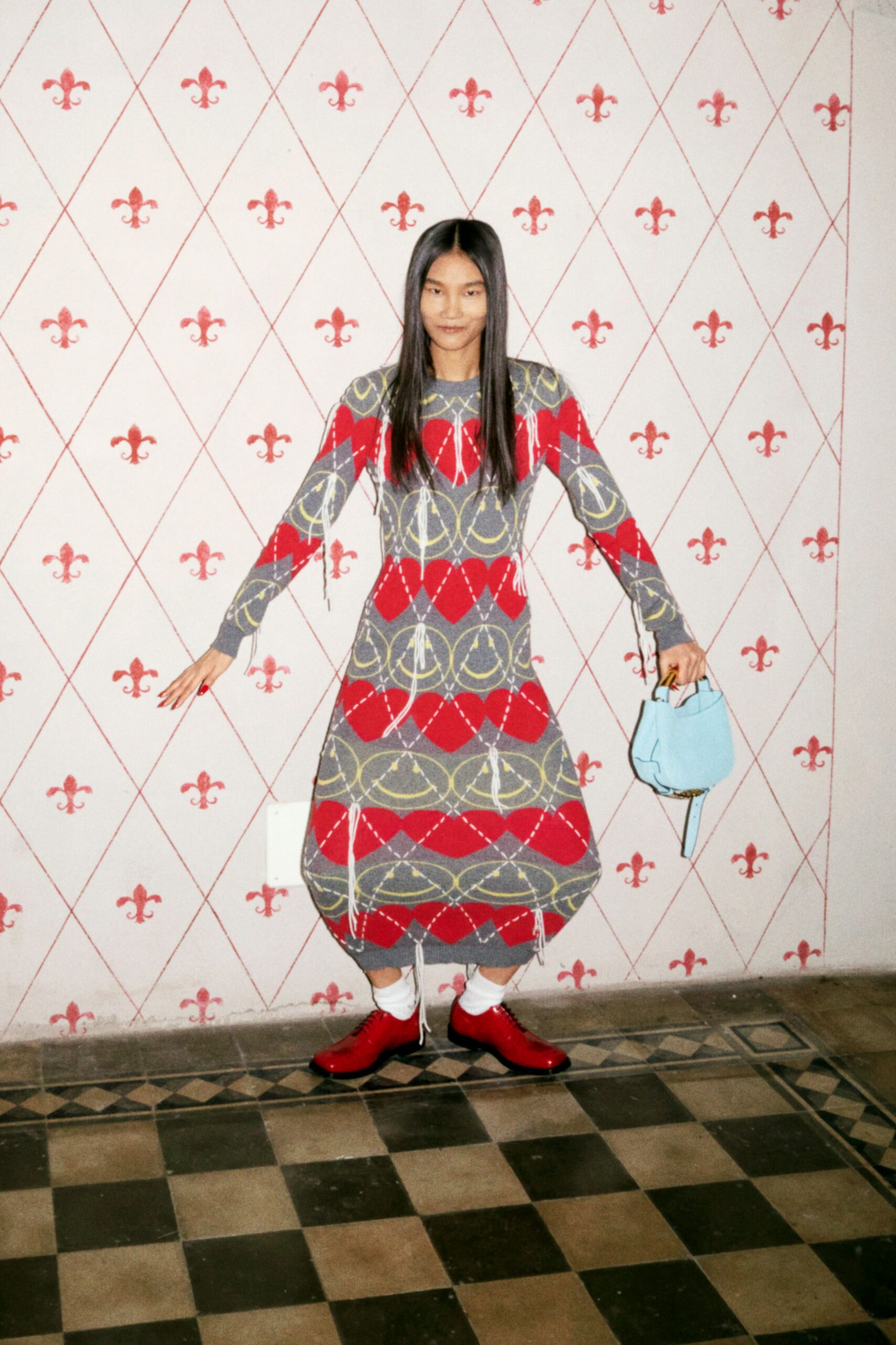red cotton long-sleeve collared relaxed embroidered layered dress