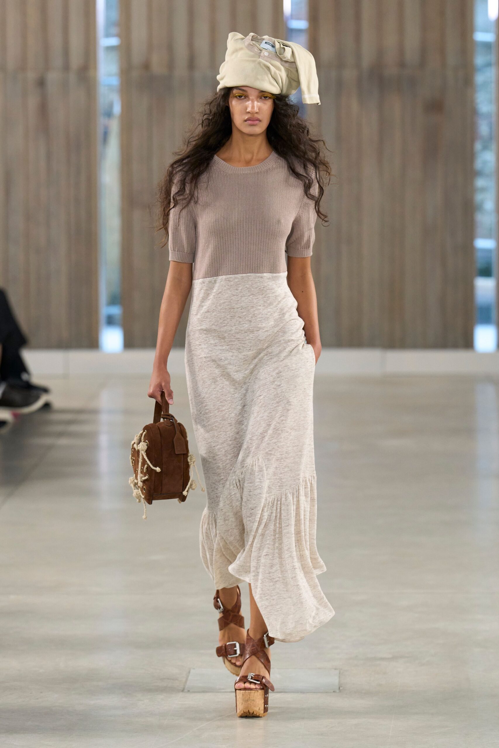 beige cotton short-sleeve scoop-neck fitted tiered maxi dress