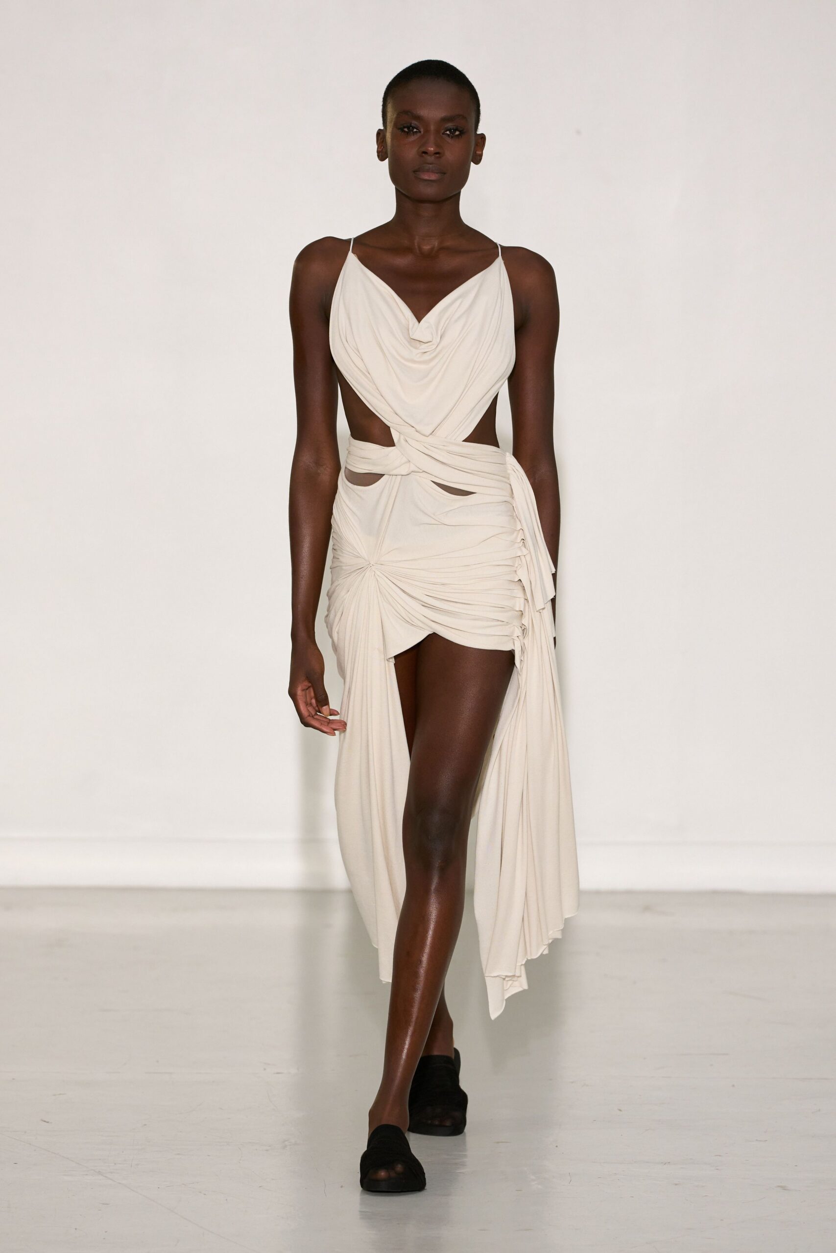 beige silk sleeveless v-neck fitted draped ruched dress